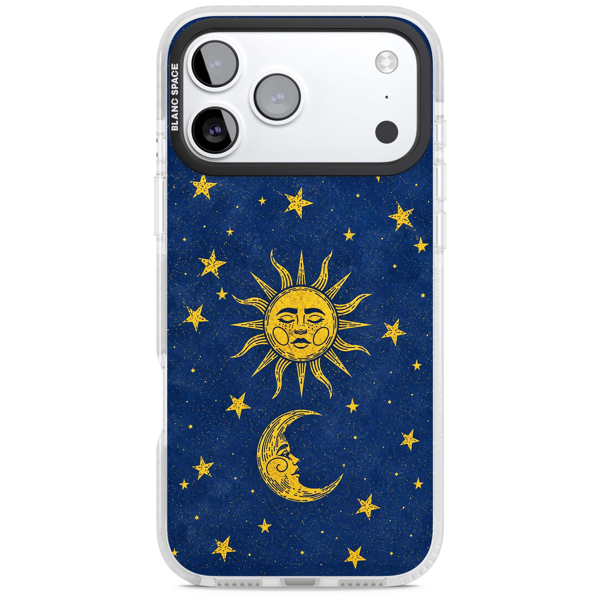Sun & Moon Reverie celestial iPhone case featuring a vintage golden sun, crescent moon and scattered stars on midnight blue | Impact Magsafe case for iPhone 17 Pro, iPhone 17 Pro Max