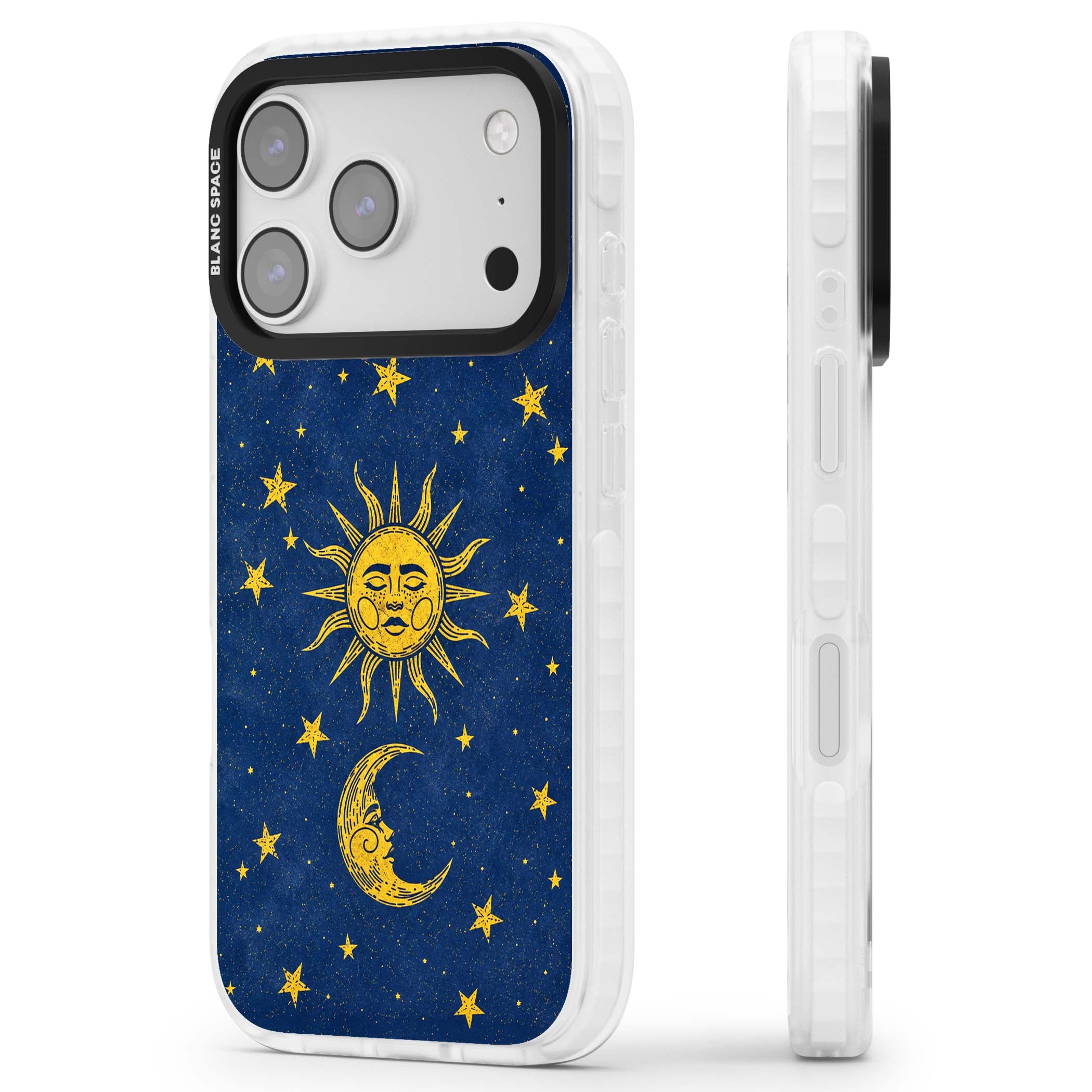 Sun & Moon Reverie celestial iPhone case featuring a vintage golden sun, crescent moon and scattered stars on midnight blue | Impact Magsafe case for iPhone 17 Pro, iPhone 17 Pro Max