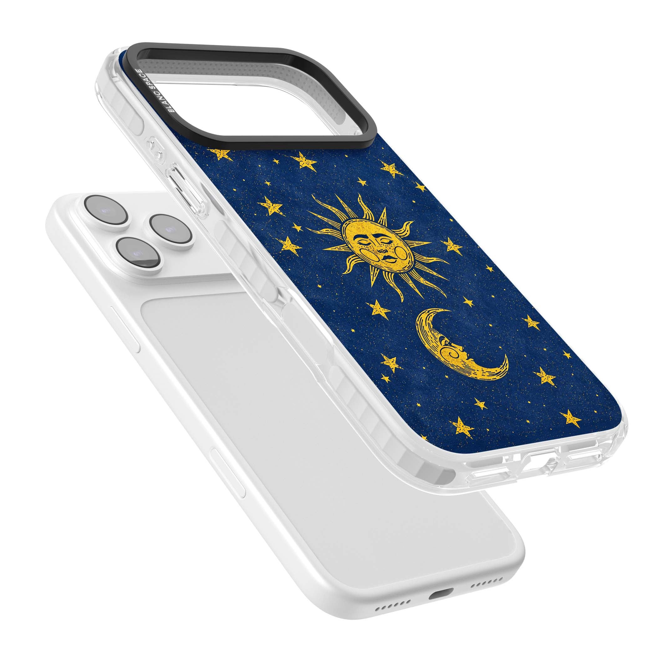Sun & Moon Reverie celestial iPhone case featuring a vintage golden sun, crescent moon and scattered stars on midnight blue | Impact Magsafe case for iPhone 17 Pro, iPhone 17 Pro Max