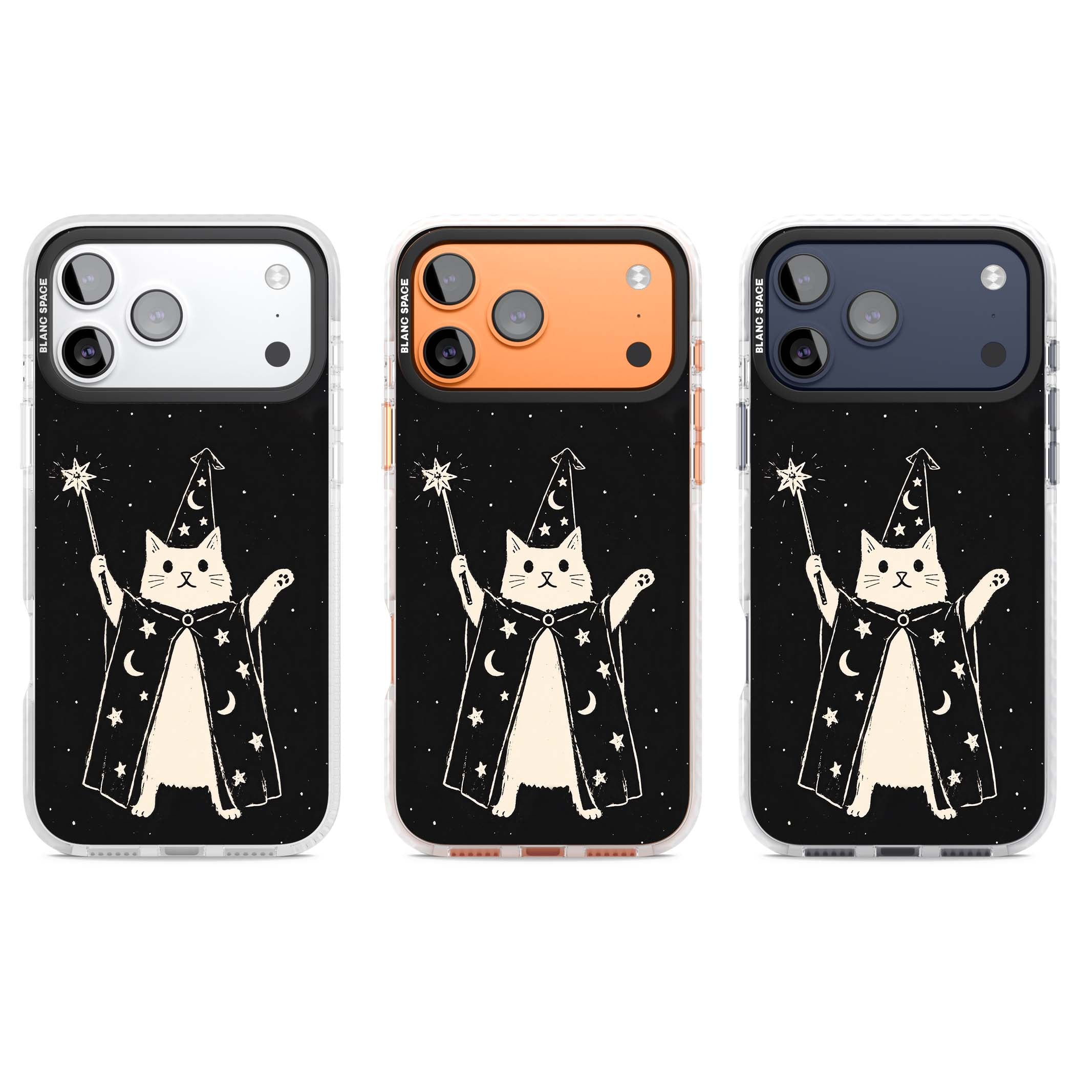 Whisker Wizard celestial cat iPhone case featuring a wizard cat with magic wand, starry night sky and crescent moons | Impact Magsafe case for iPhone 17 Pro, iPhone 17 Pro Max