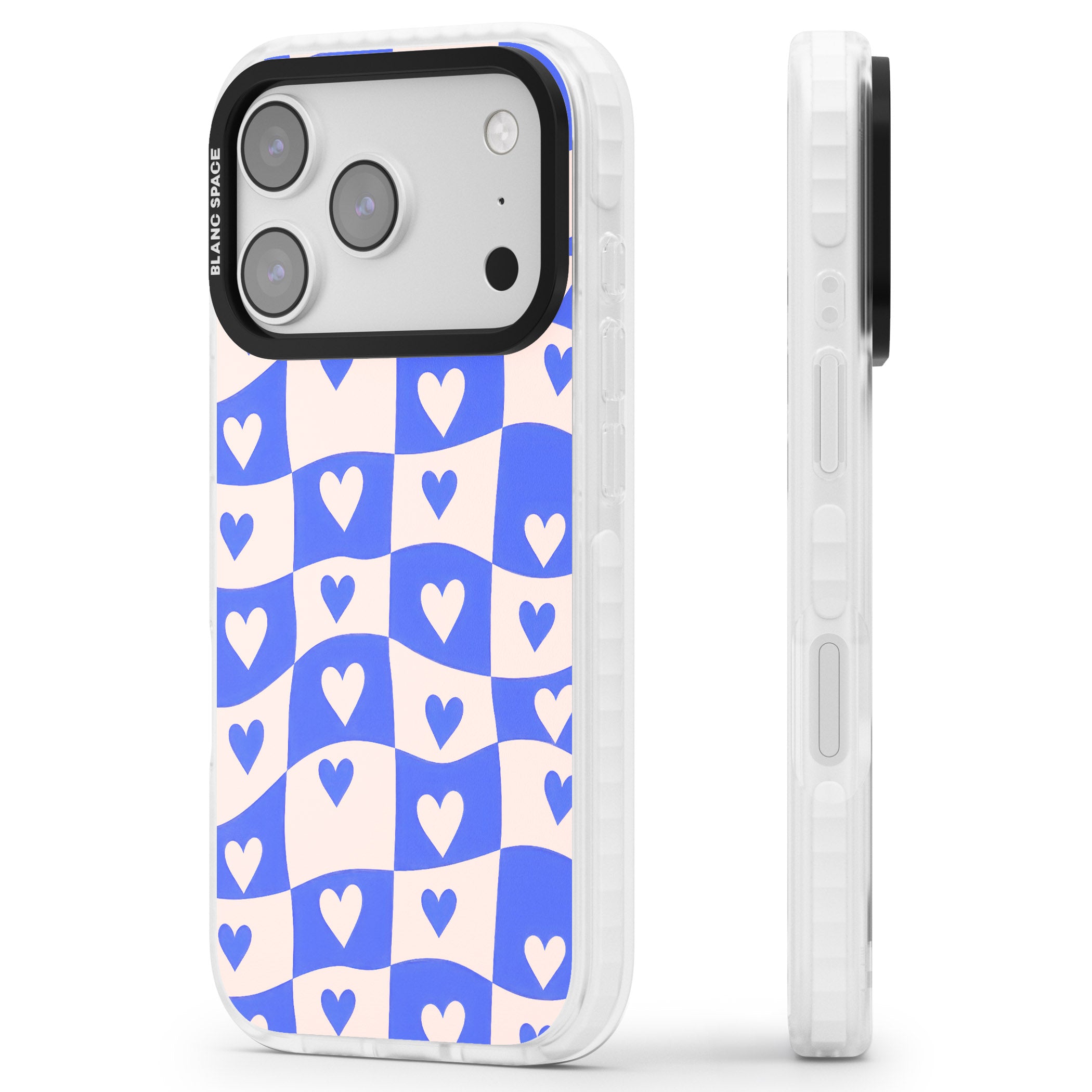 Blue Wavy Checked Hearts iPhone 17 Pro Max Impact Pro Clear Phone Case Side Profile