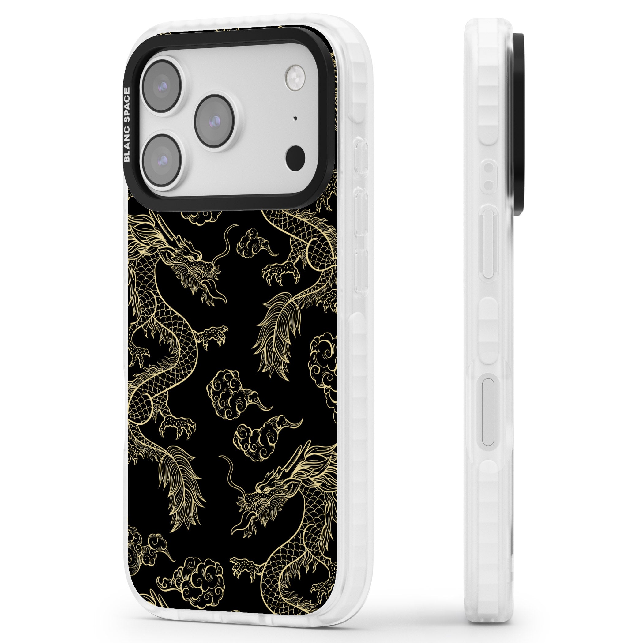 Black And Gold Dragon Pattern iPhone 17 Pro Max Impact Pro Clear Phone Case Side Profile
