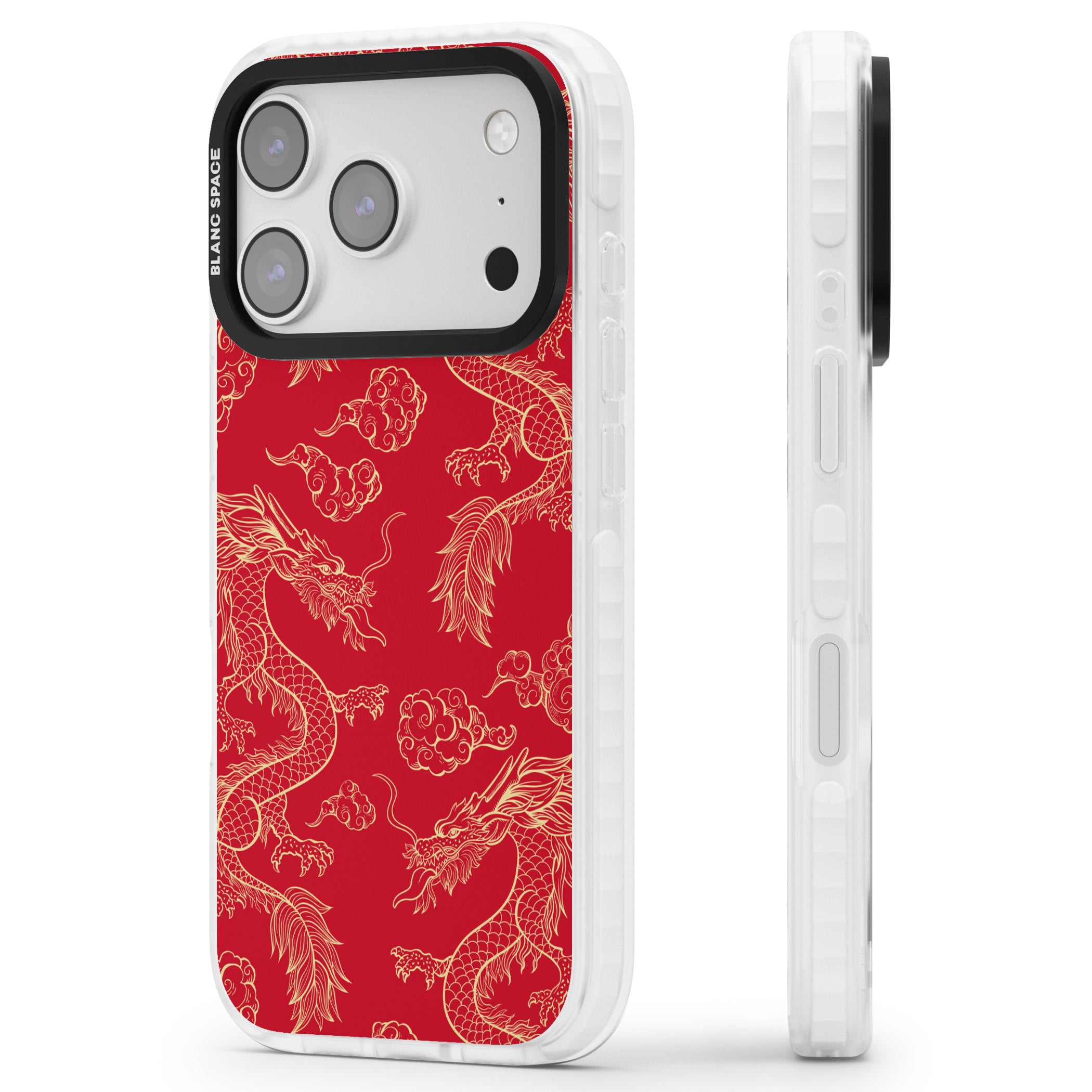 Red And Gold Dragon Pattern iPhone 17 Pro Max Impact Pro Clear Phone Case Side Profile