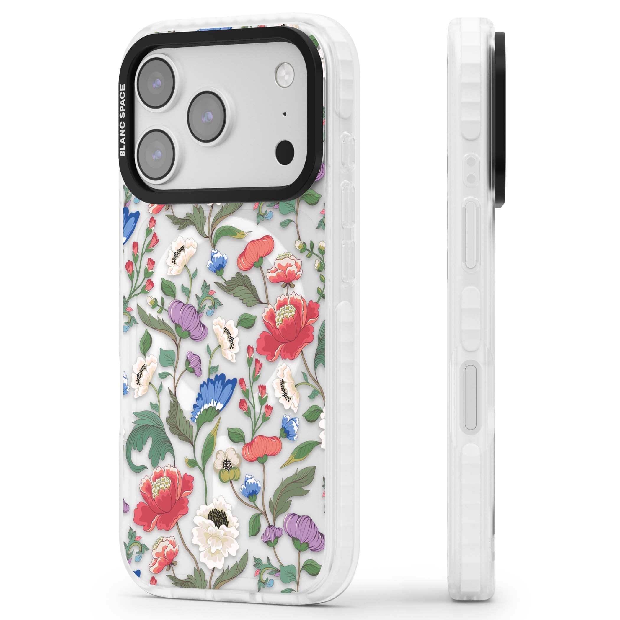 Chinoiserie Bloom vintage floral iPhone case featuring hand-painted peonies, poppies and trailing wildflowers on clear... | Impact Magsafe case for iPhone 17 Pro, iPhone 17 Pro Max