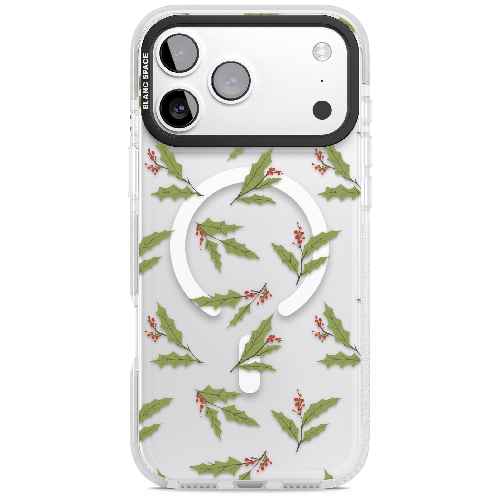 Christmas Holly Pattern iPhone 17 Pro Max Impact Pro Clear Phone Case