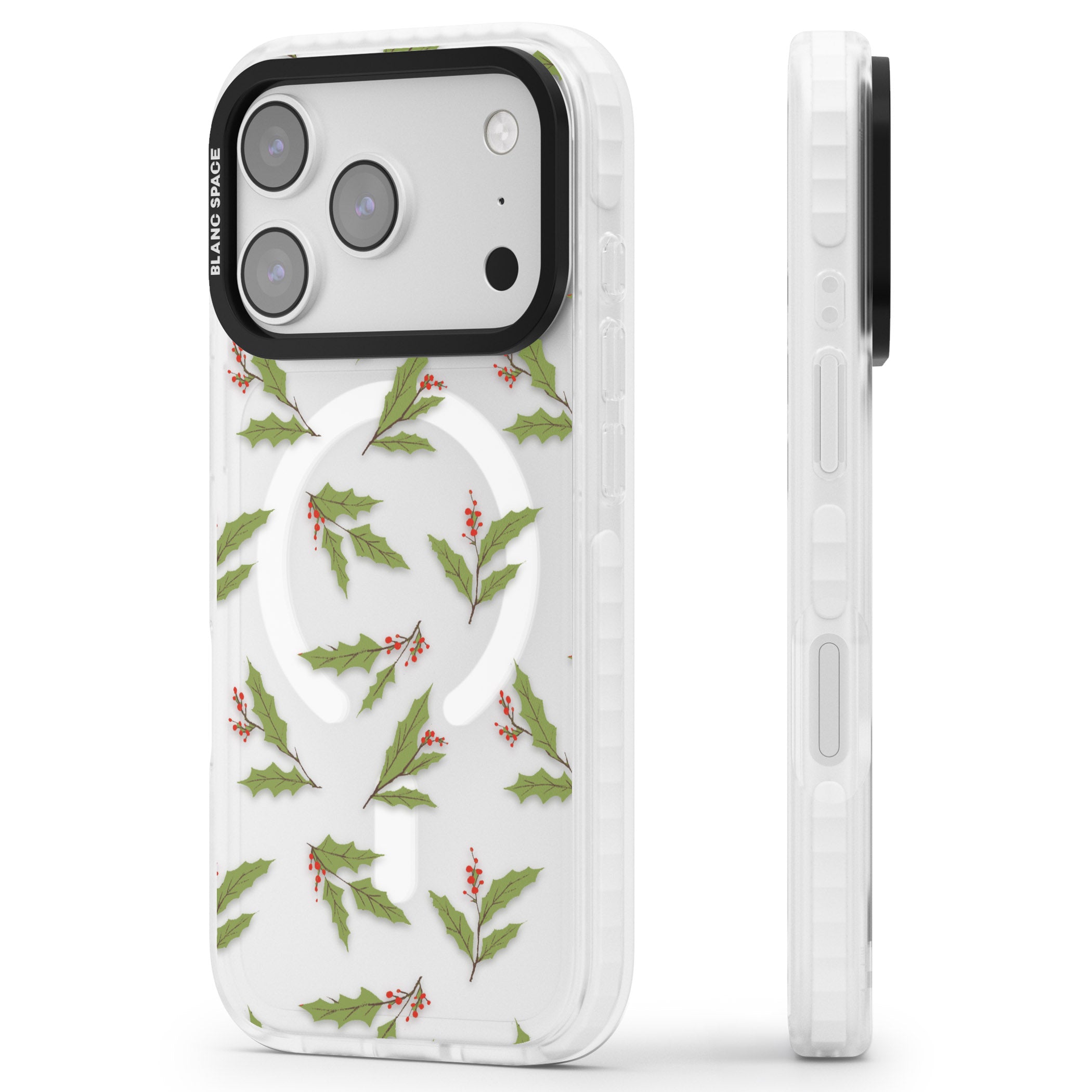 Christmas Holly Pattern iPhone 17 Pro Max Impact Pro Clear Phone Case Side Profile
