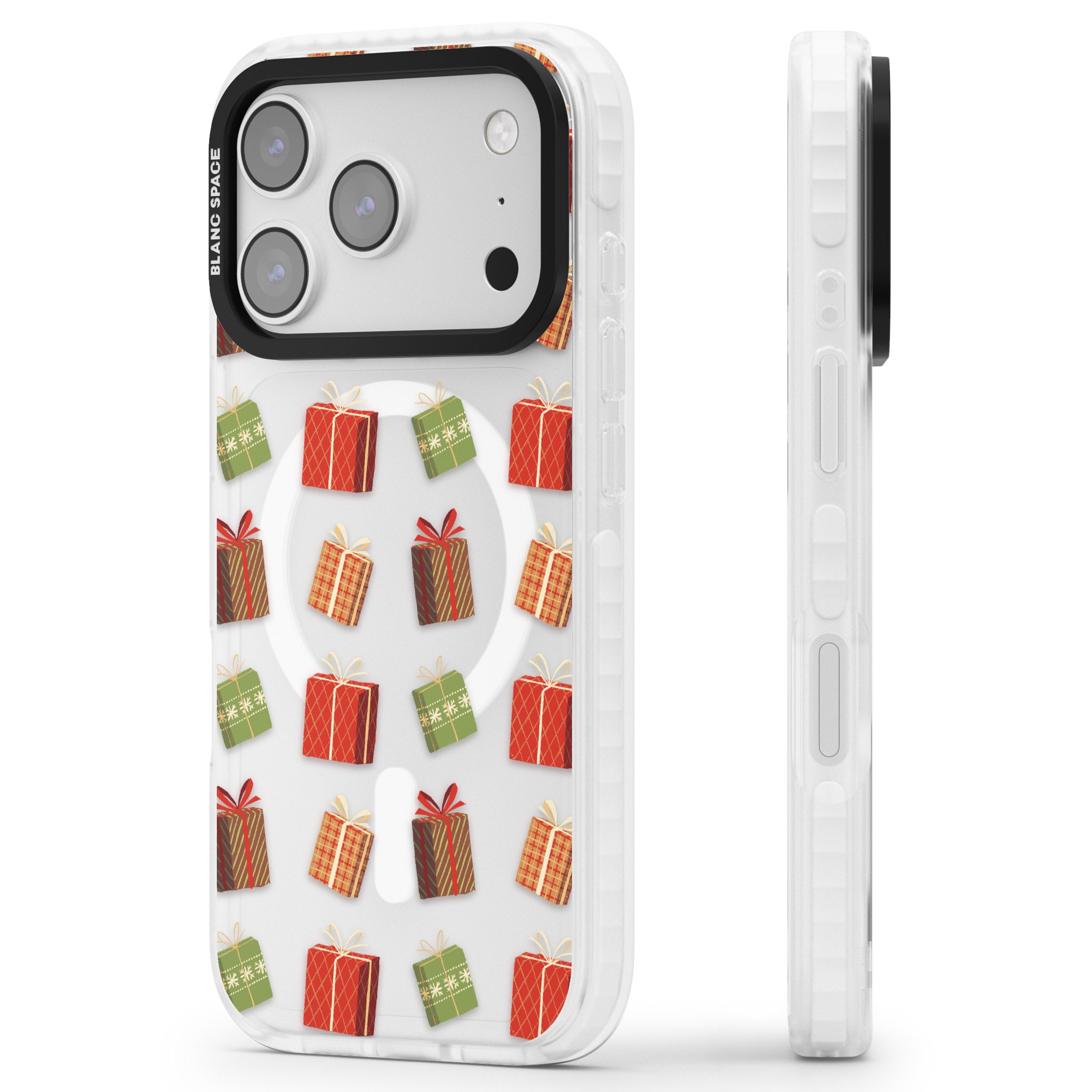 Christmas Presents Pattern iPhone 17 Pro Max Impact Pro Clear Phone Case Side Profile