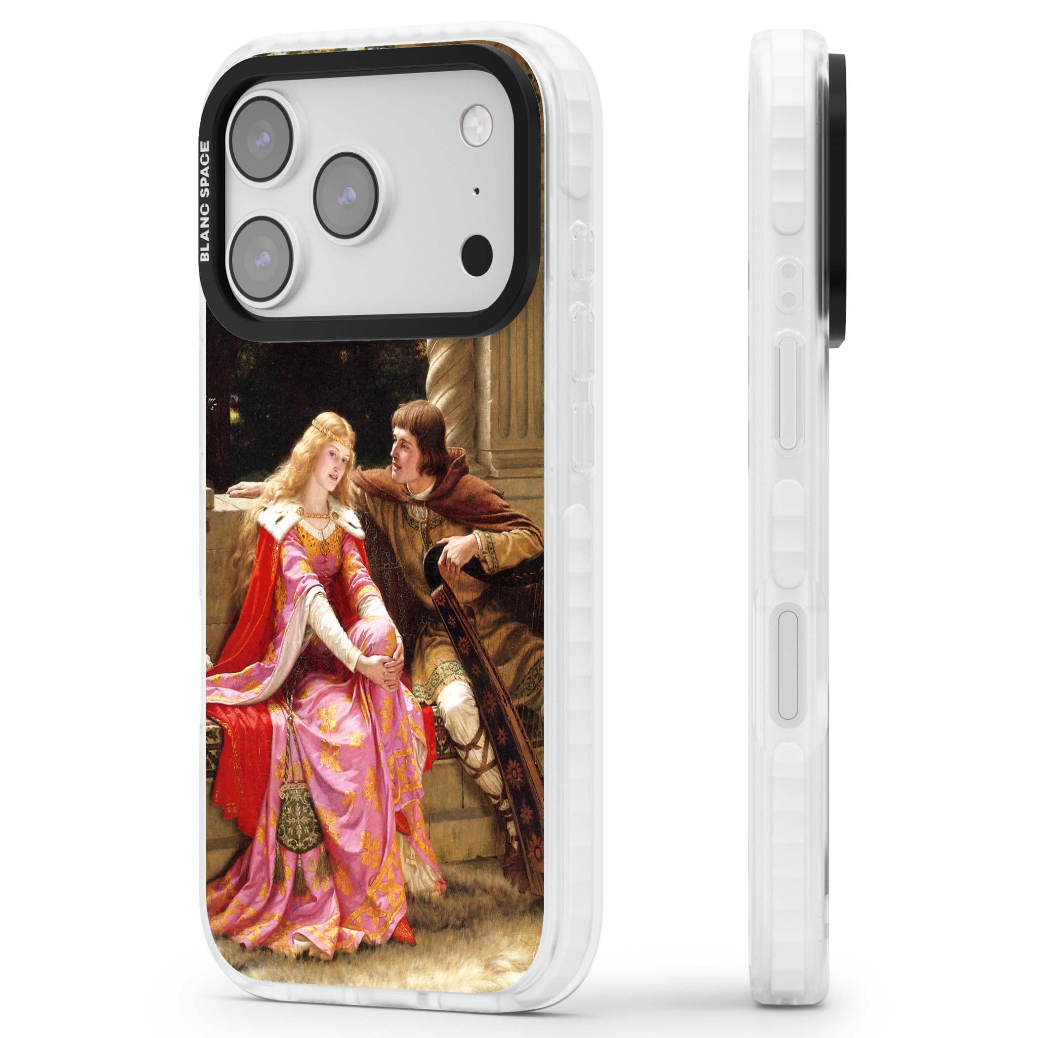 The End of the Song classic art iPhone case featuring a medieval lady in pink gown and her knight in a stone archway | Impact Magsafe case for iPhone 17 Pro, iPhone 17 Pro Max