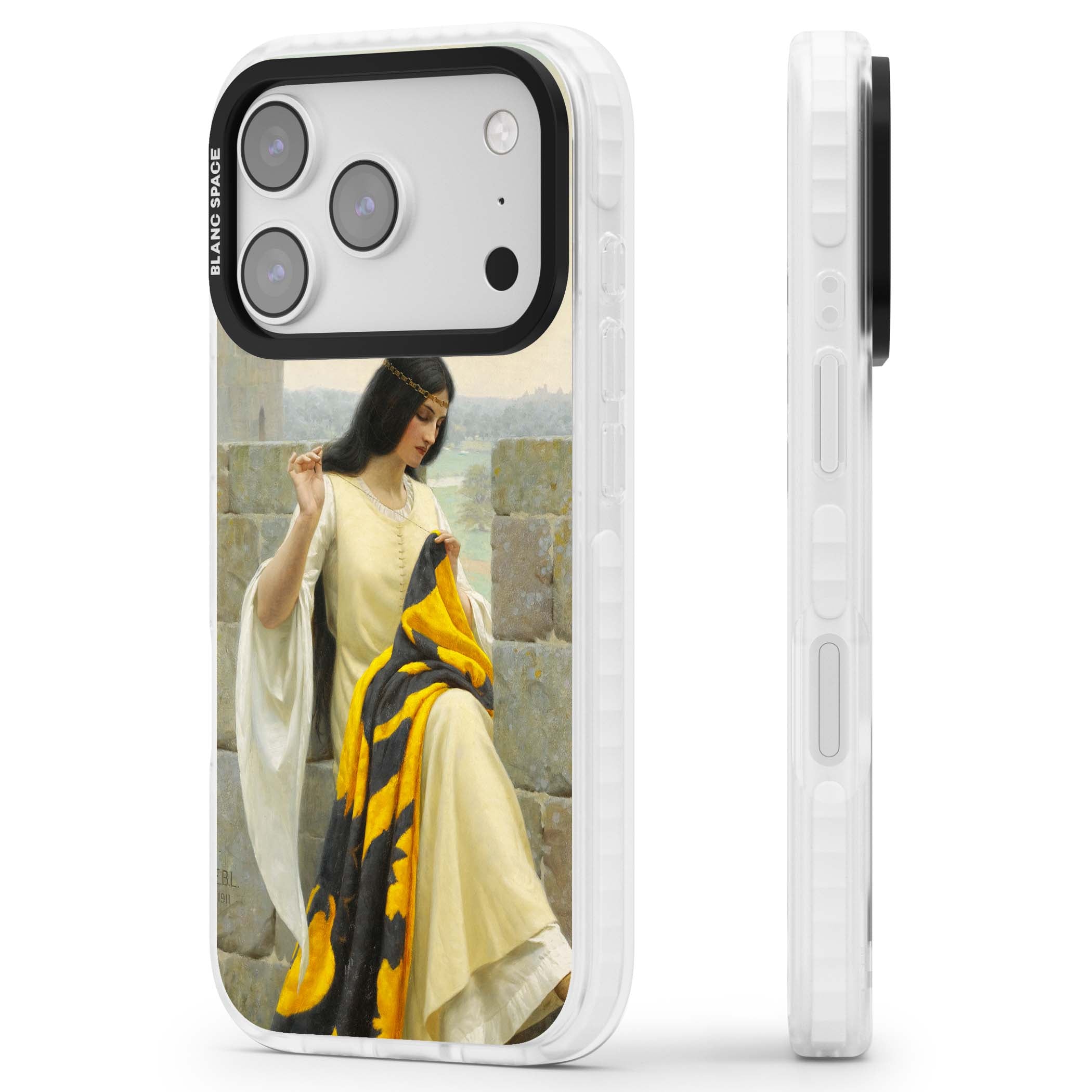 Stitching the Standard renaissance art iPhone case featuring a medieval lady sewing a golden banner on a castle wall | Impact Magsafe case for iPhone 17 Pro, iPhone 17 Pro Max