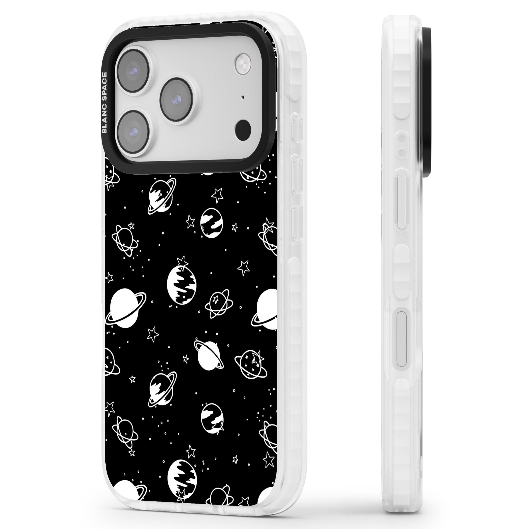 White Planets On Black iPhone 17 Pro Max Impact Pro Clear Phone Case Side Profile