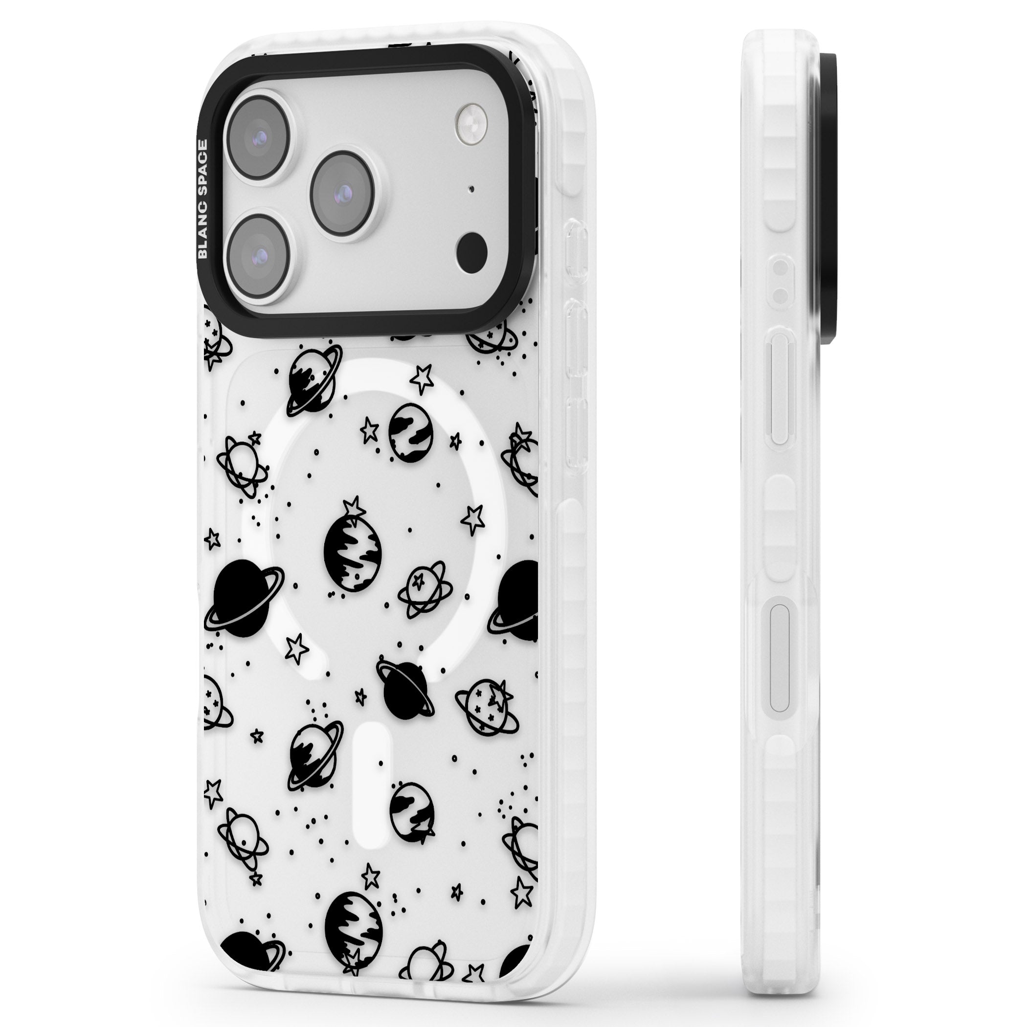 Black Planets iPhone 17 Pro Max Impact Pro Clear Phone Case Side Profile