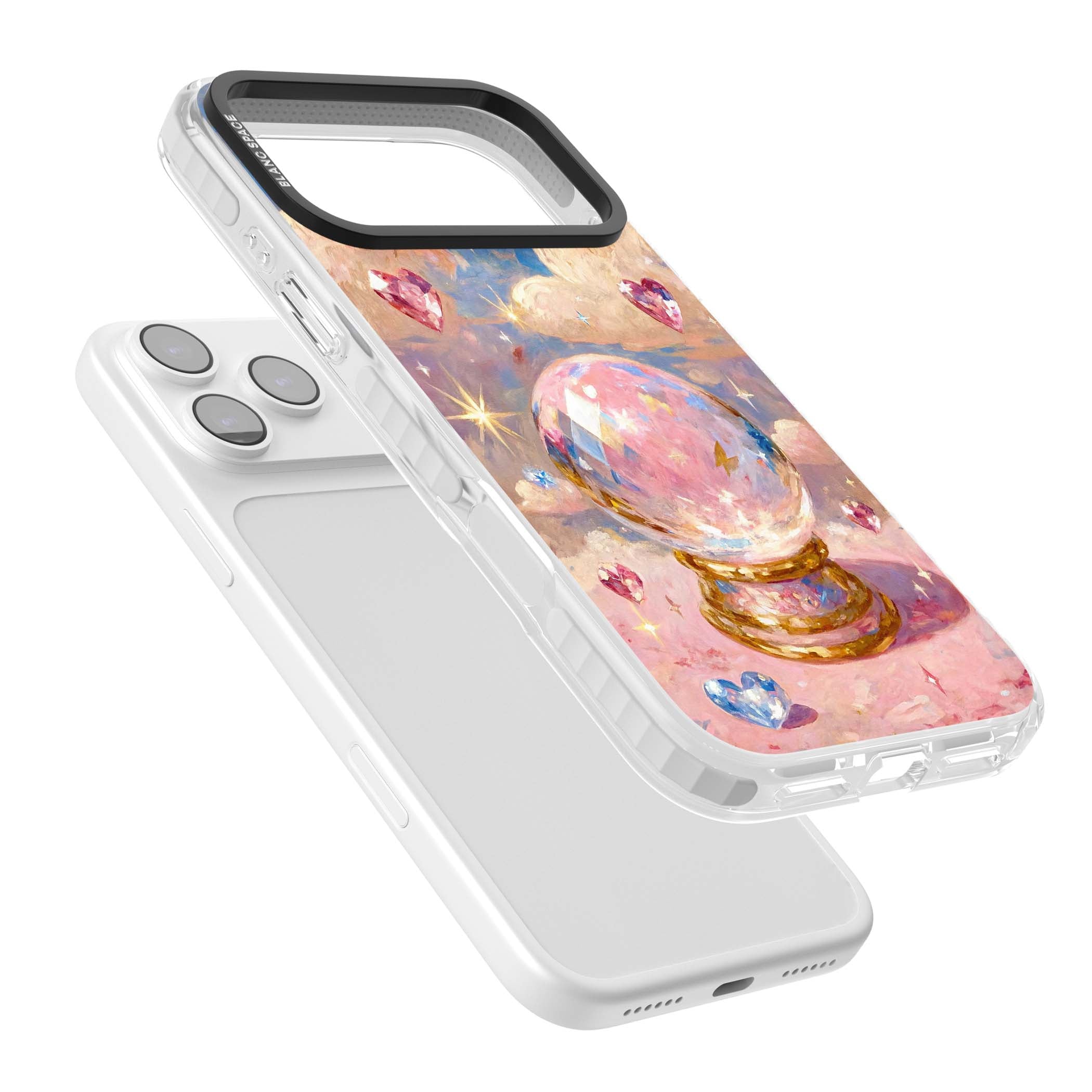 Crystal Ball fairycore iPhone case featuring a painted crystal ball, heart gemstones, and pastel clouds | Impact Magsafe case for iPhone 17 Pro, iPhone 17 Pro Max