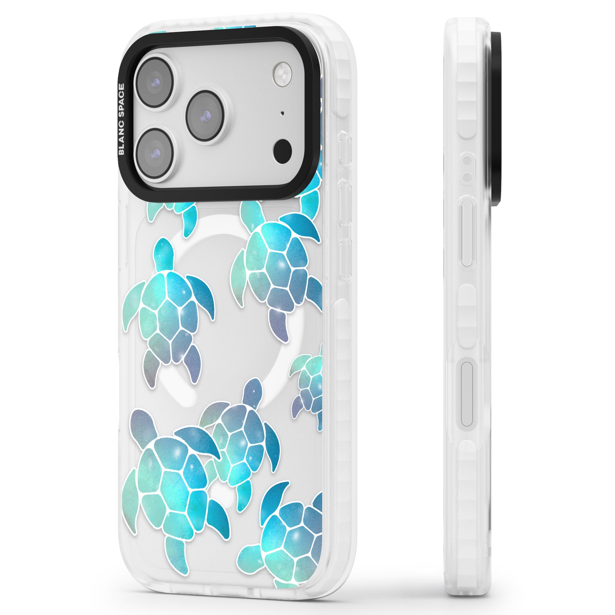 Aqua Space Turtles iPhone 17 Pro Max Impact Pro Clear Phone Case Side Profile