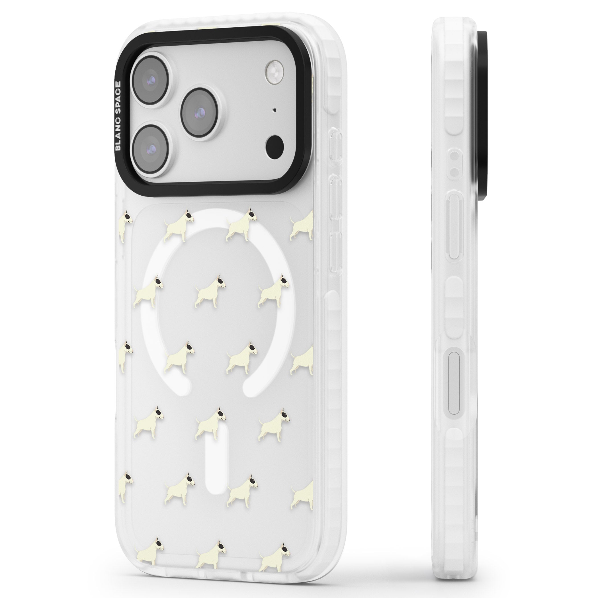 Bull Terrier Pattern iPhone 17 Pro Max Impact Pro Clear Phone Case Side Profile
