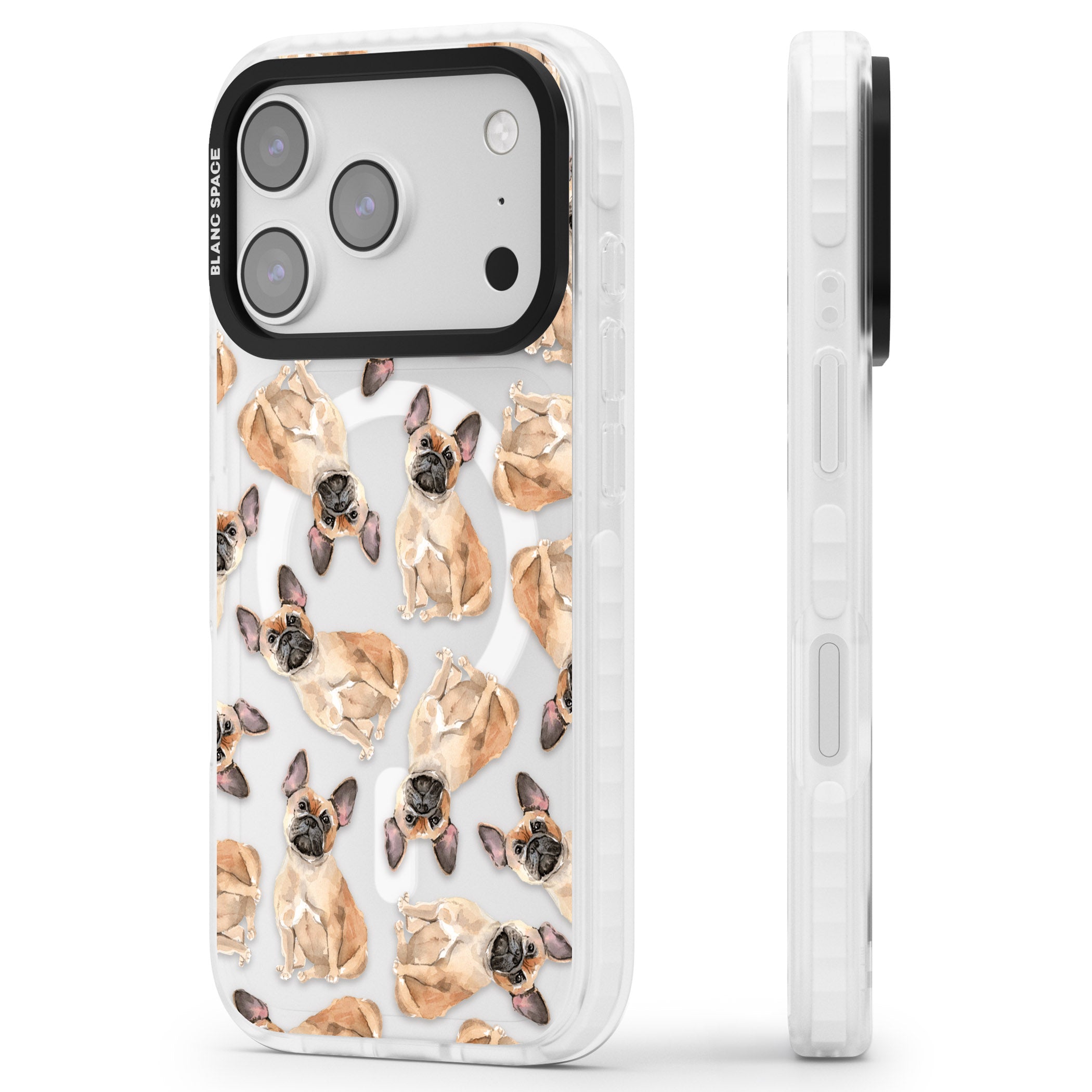 French Bulldog Watercolour Pattern iPhone 17 Pro Max Impact Pro Clear Phone Case Side Profile