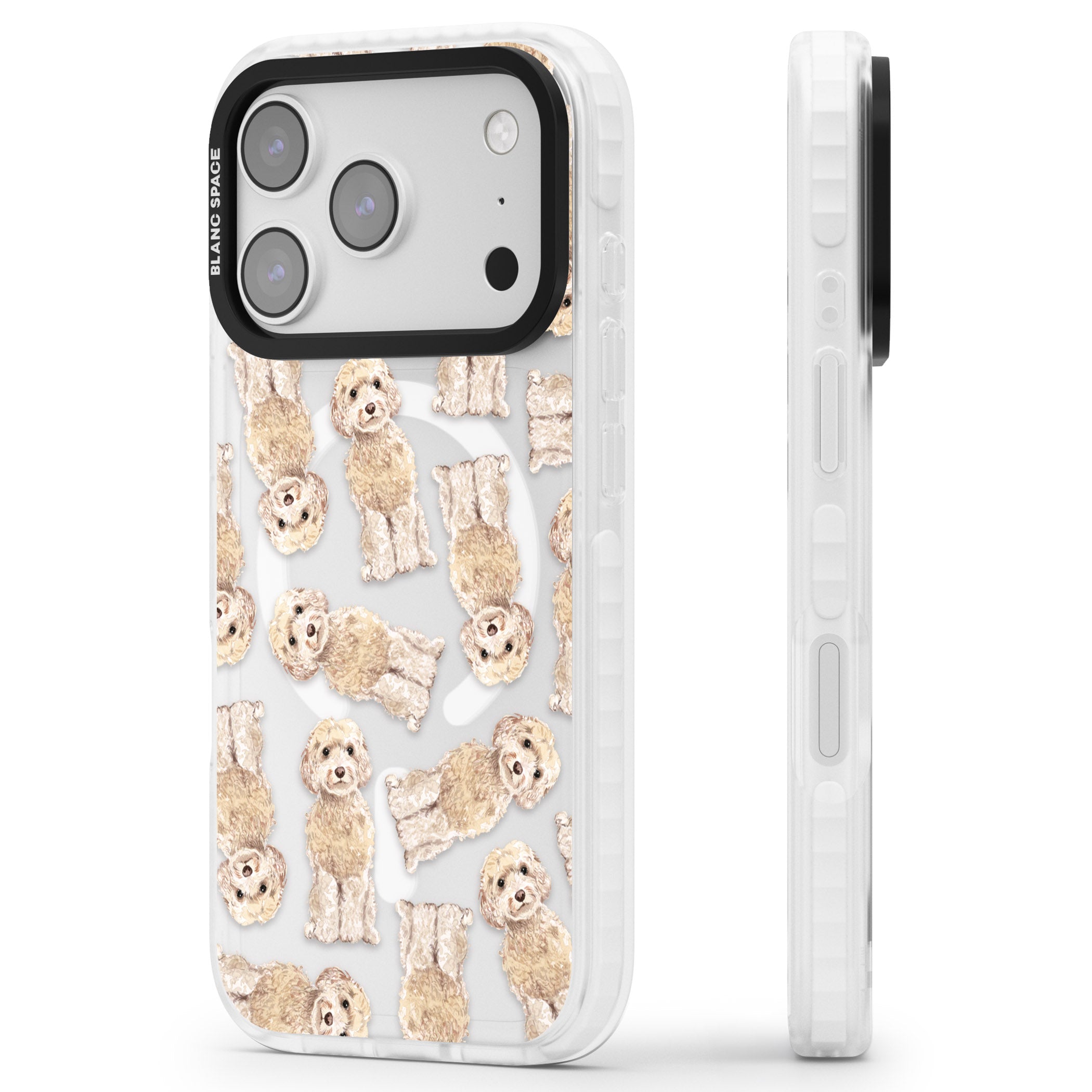 Cockapoo Patterned iPhone 17 Pro Max Impact Pro Clear Phone Case Side Profile