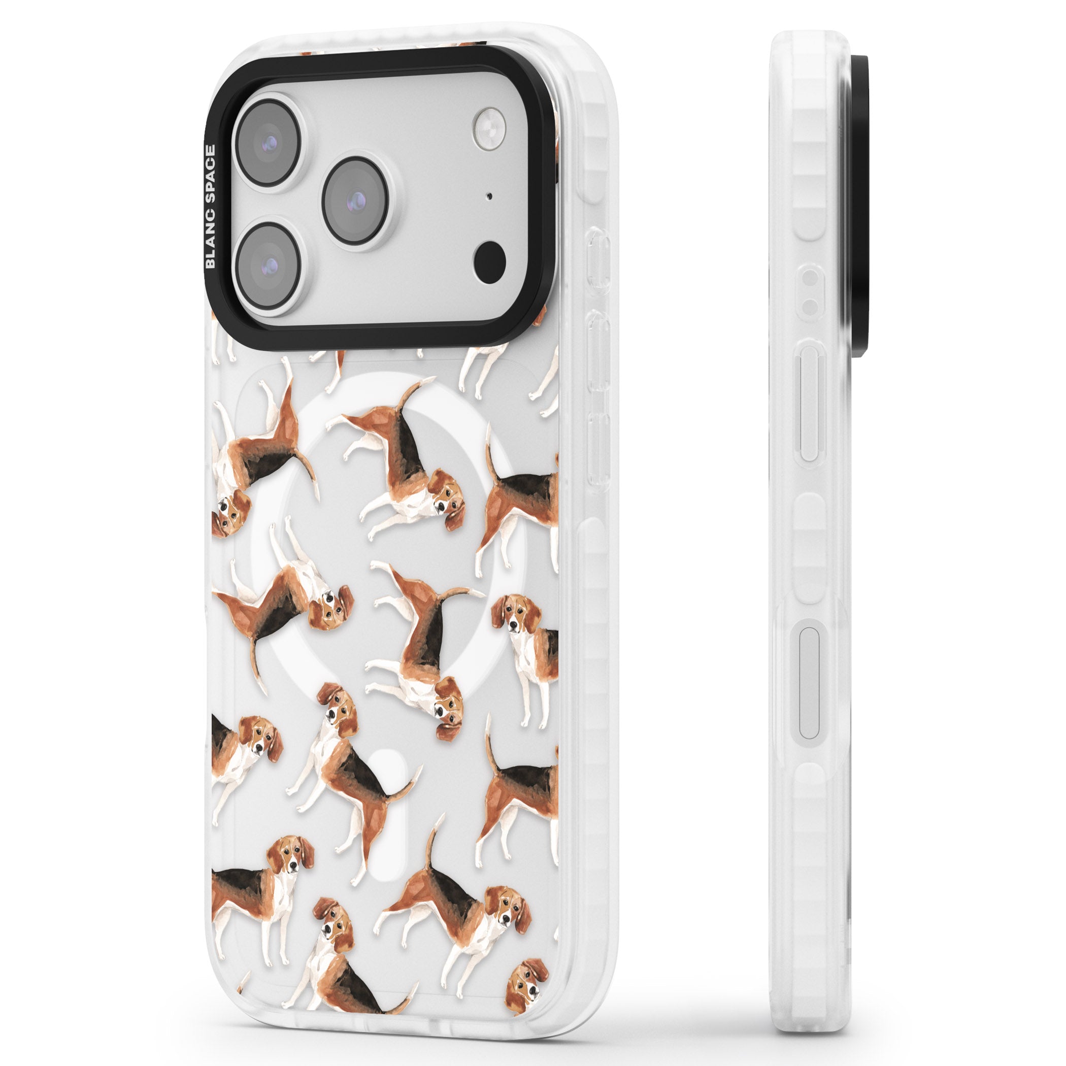Beagle Watercolor Pattern iPhone 17 Pro Max Impact Pro Clear Phone Case Side Profile