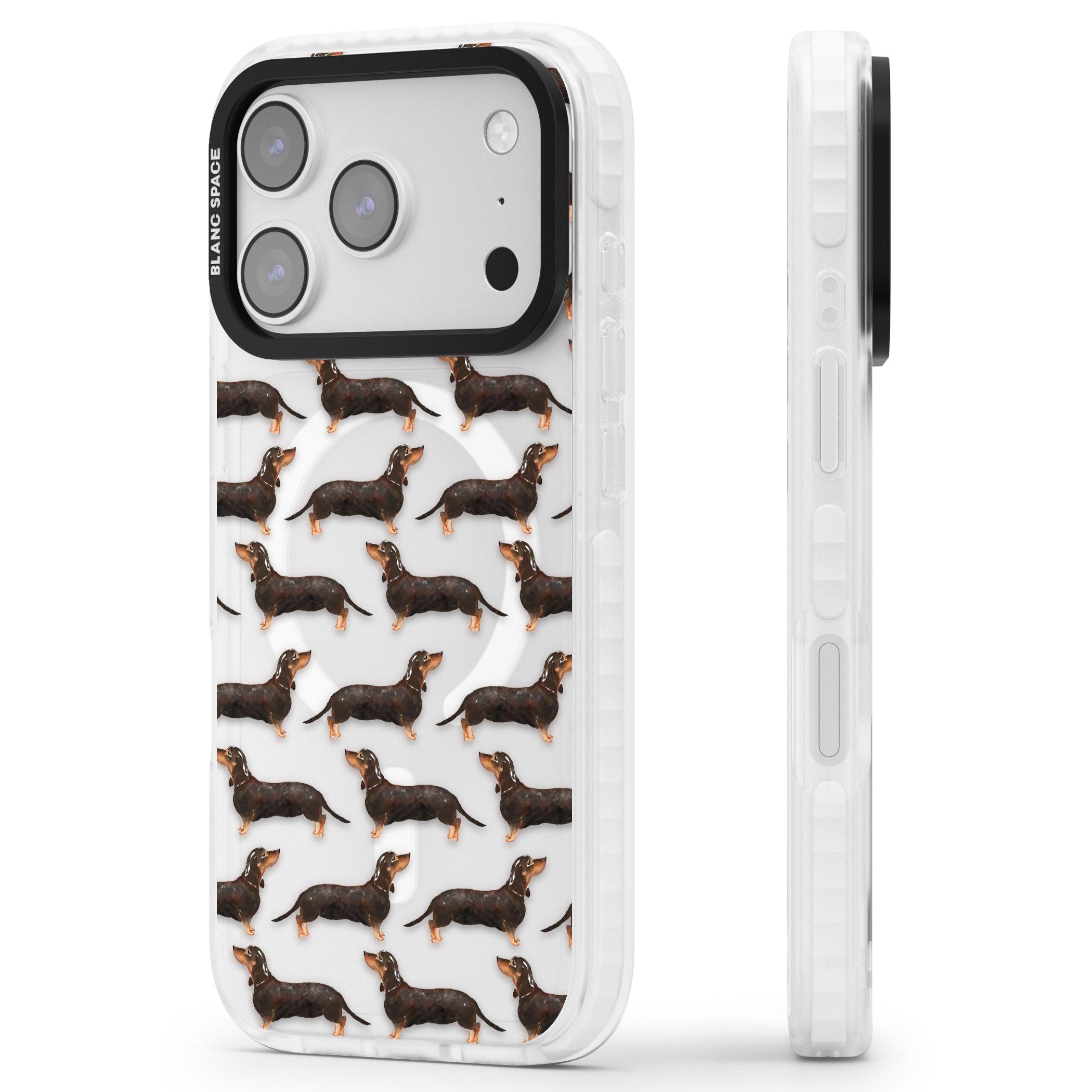 Dachshund Pattern Black Tan iPhone 17 Pro Max Impact Pro Clear Phone Case Side Profile