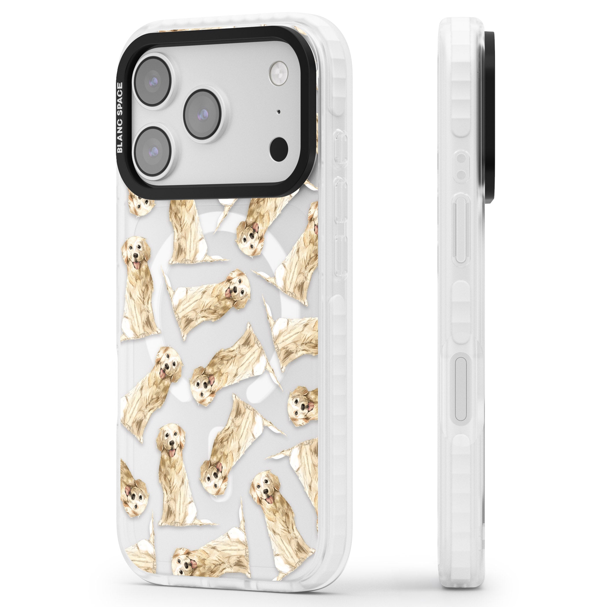 Golden Retriever Watercolor Pattern iPhone 17 Pro Max Impact Pro Clear Phone Case Side Profile