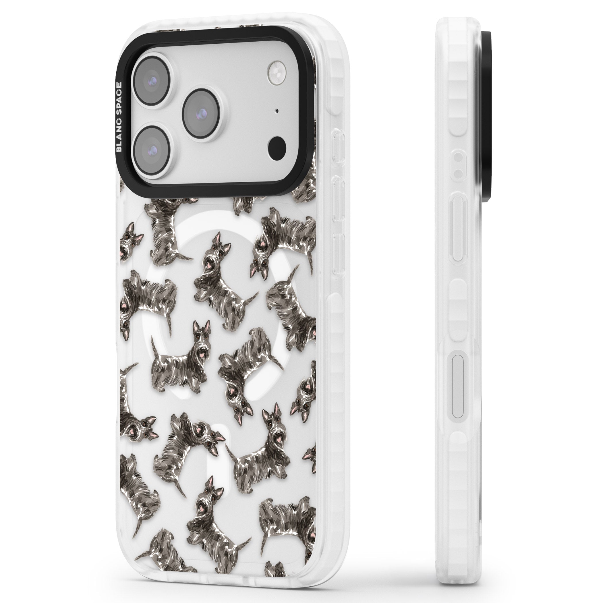 Scottish Terrier Pattern iPhone 17 Pro Max Impact Pro Clear Phone Case Side Profile