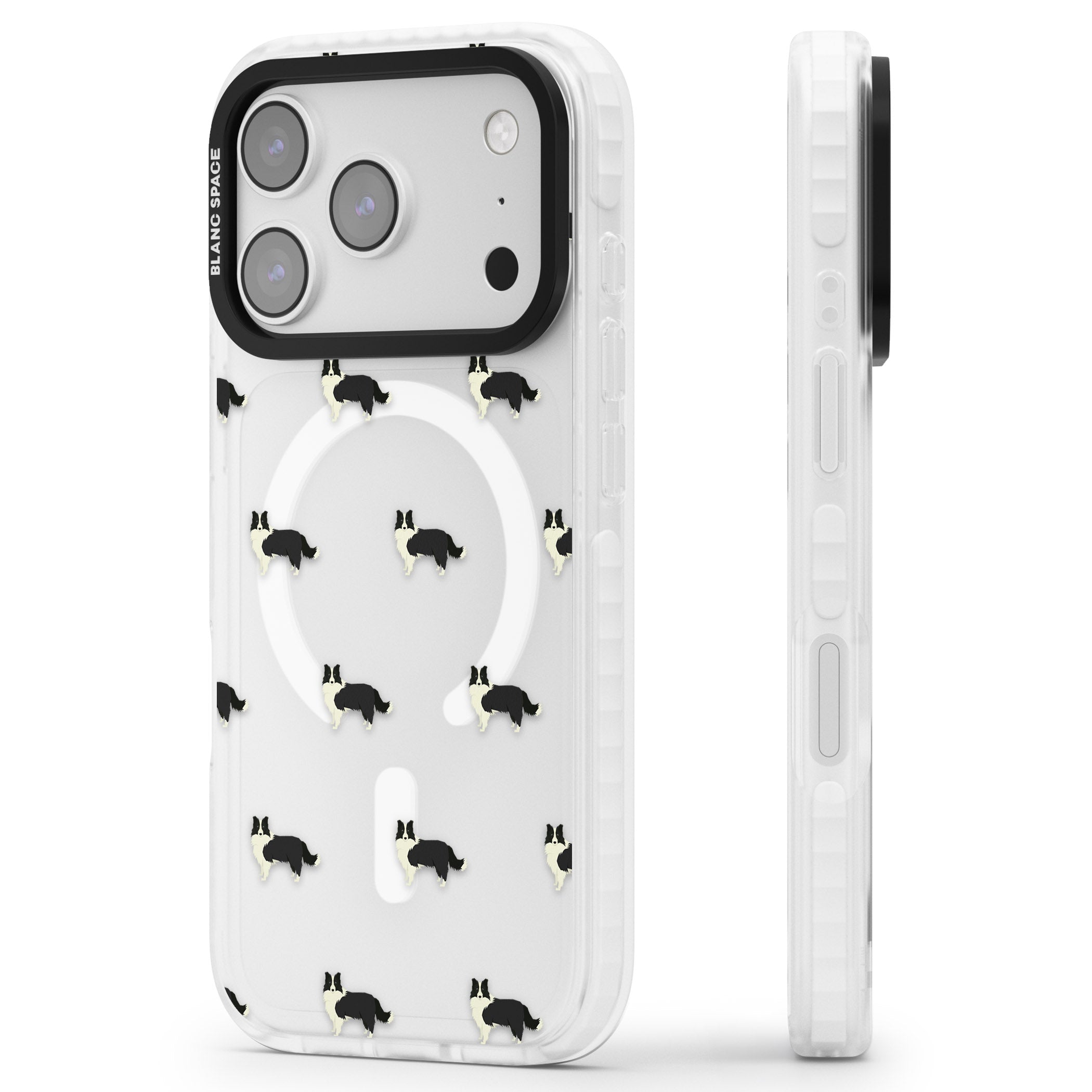 Border Collie Pattern Clear iPhone 17 Pro Max Impact Pro Clear Phone Case Side Profile