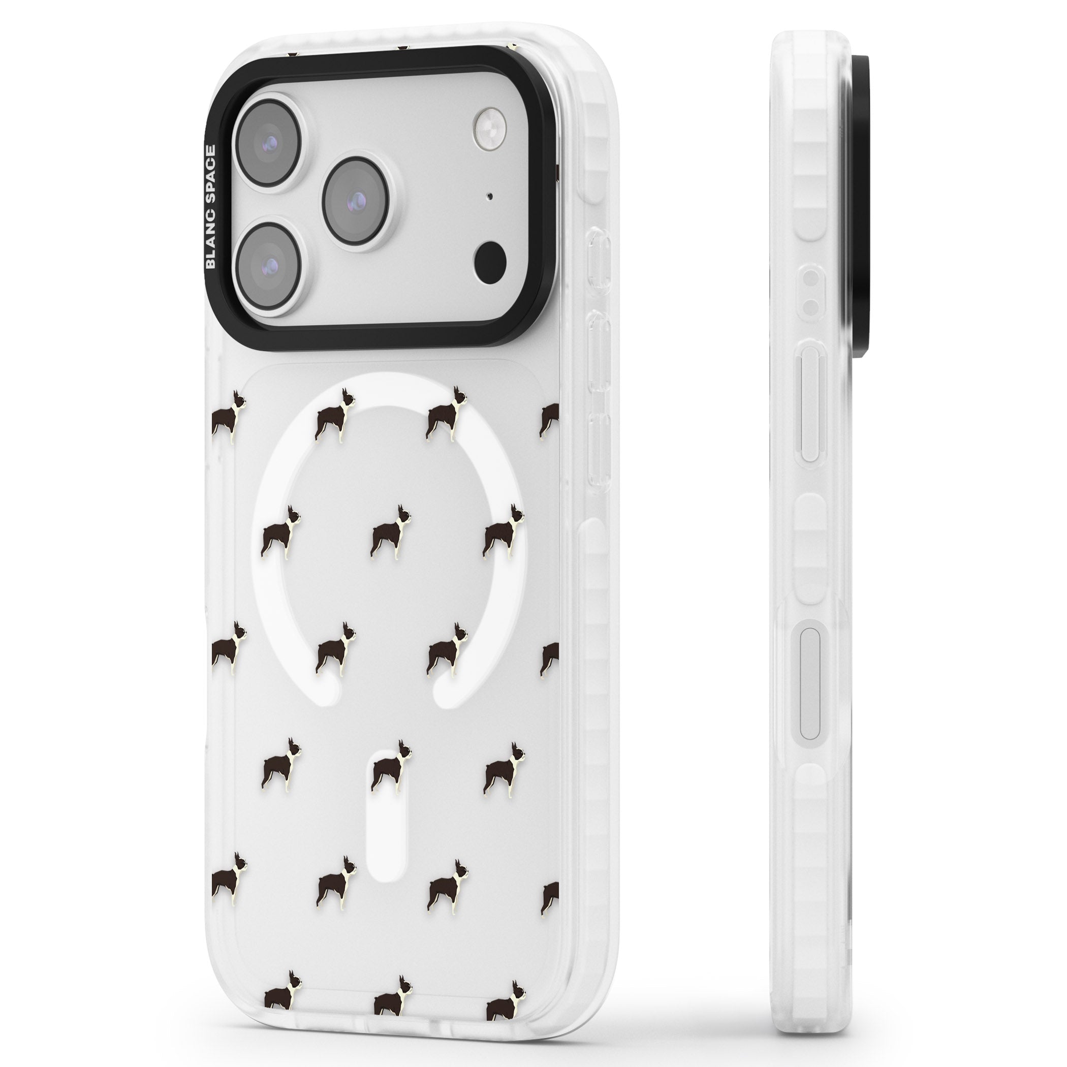 Boston Terrier Pattern iPhone 17 Pro Max Impact Pro Clear Phone Case Side Profile