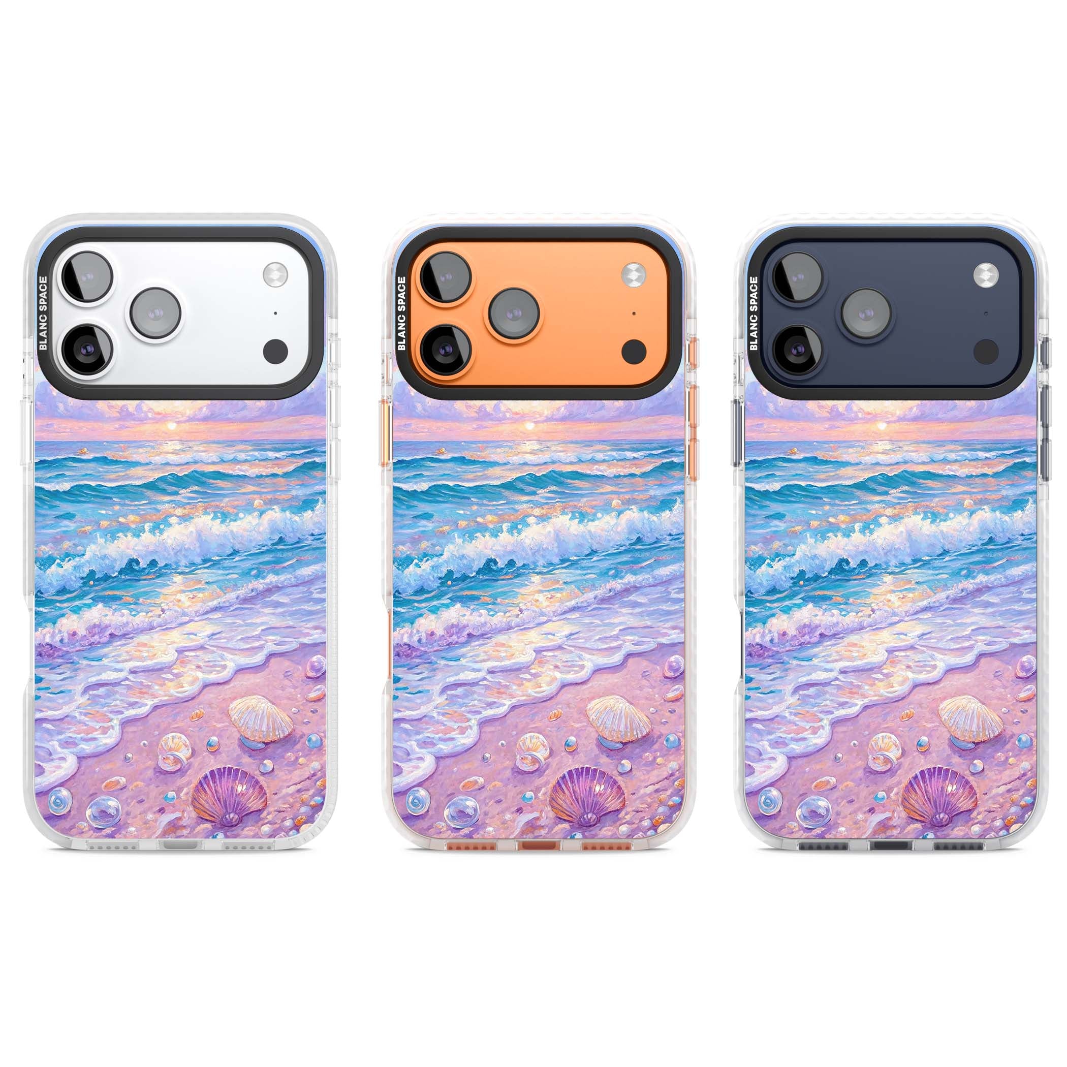 Pearl Shore coastal iPhone case featuring pastel painted waves, seashells, and a sunrise sky over a lavender beach. | Impact Magsafe case for iPhone 17 Pro, iPhone 17 Pro Max