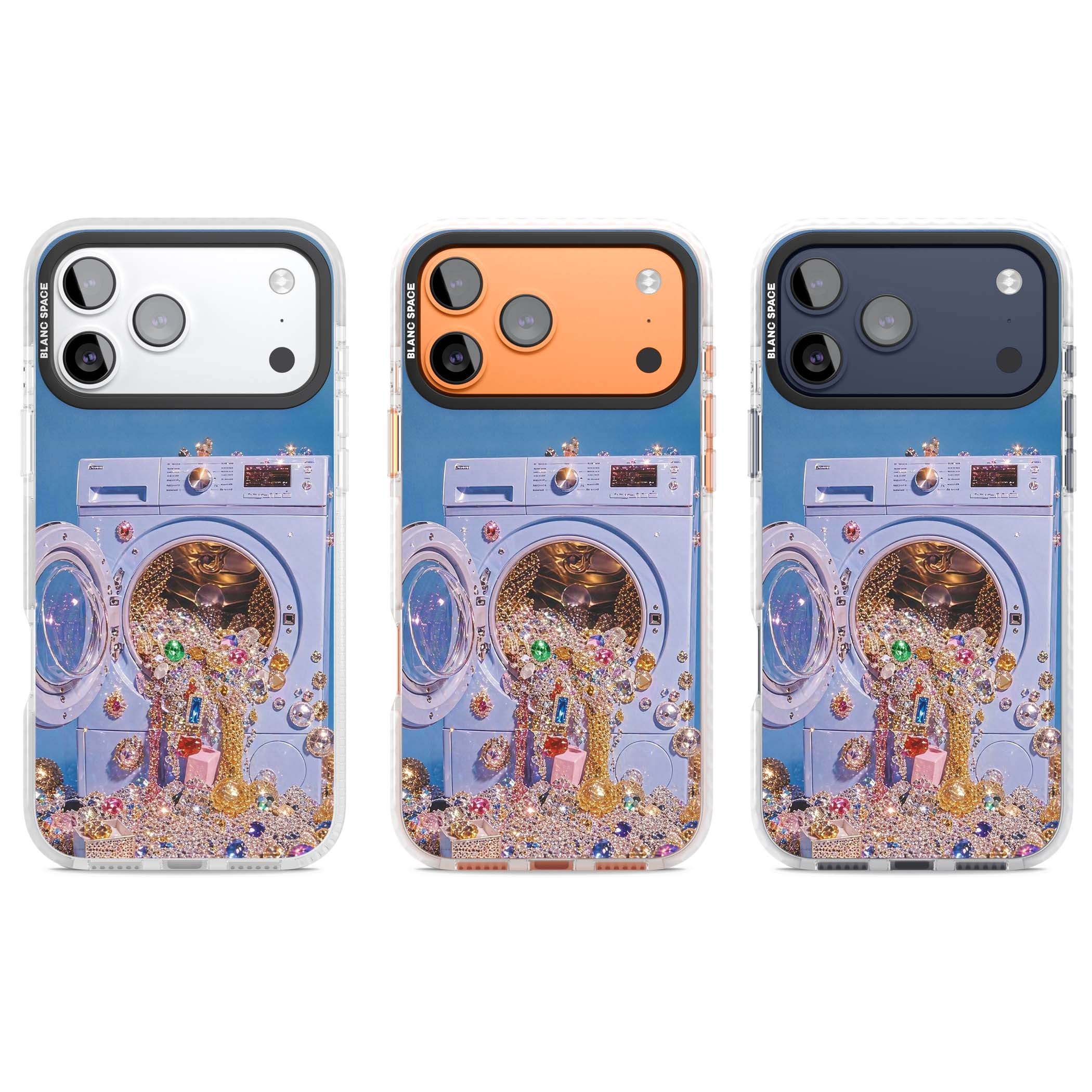 Gem Laundry baddie iPhone case featuring a surreal washing machine overflowing with colourful gemstones and crystals | Impact Magsafe case for iPhone 17 Pro, iPhone 17 Pro Max