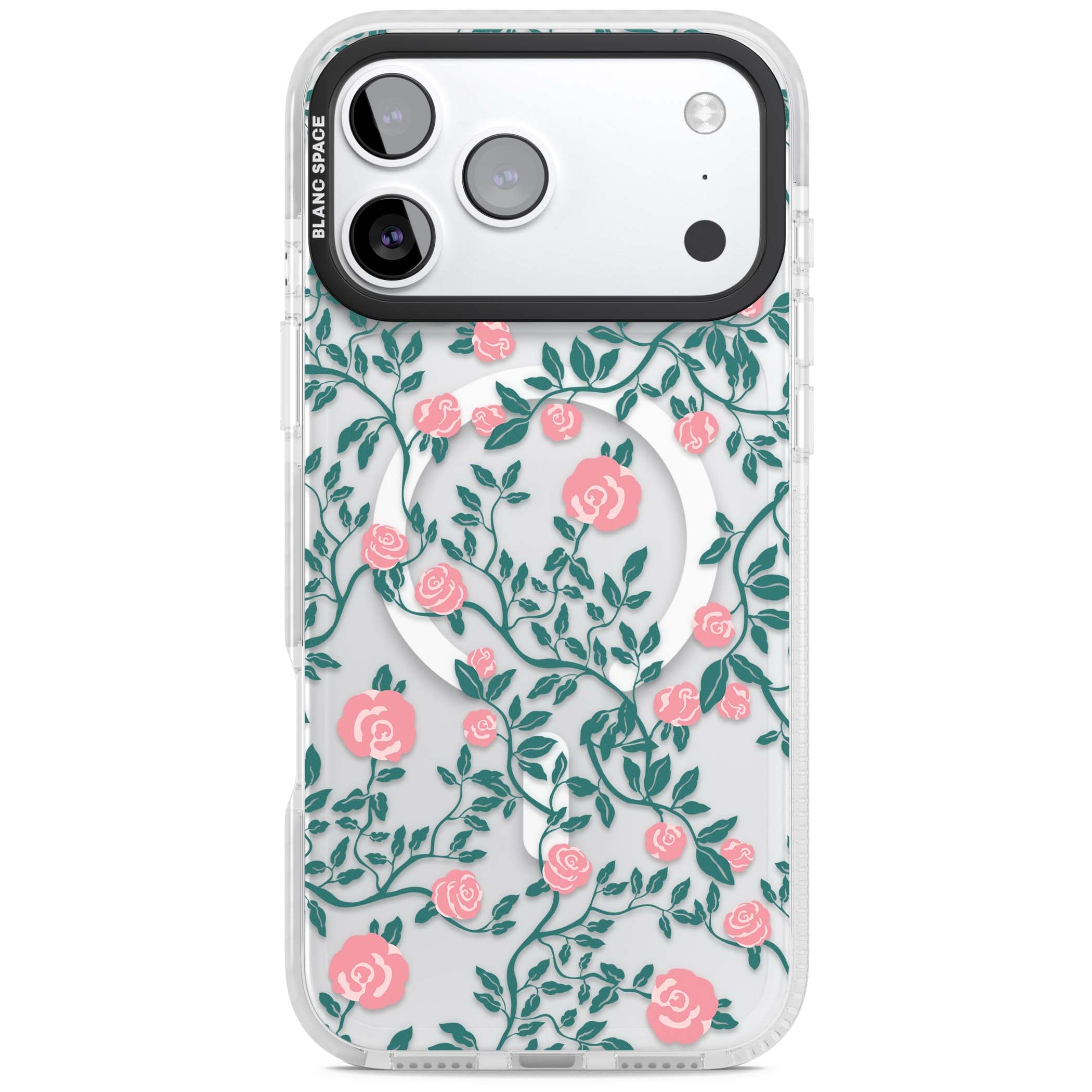 Rose Trellis (Clear) cottagecore iPhone case featuring pink climbing roses and green leaves on clear background | Impact Magsafe case for iPhone 17 Pro, iPhone 17 Pro Max