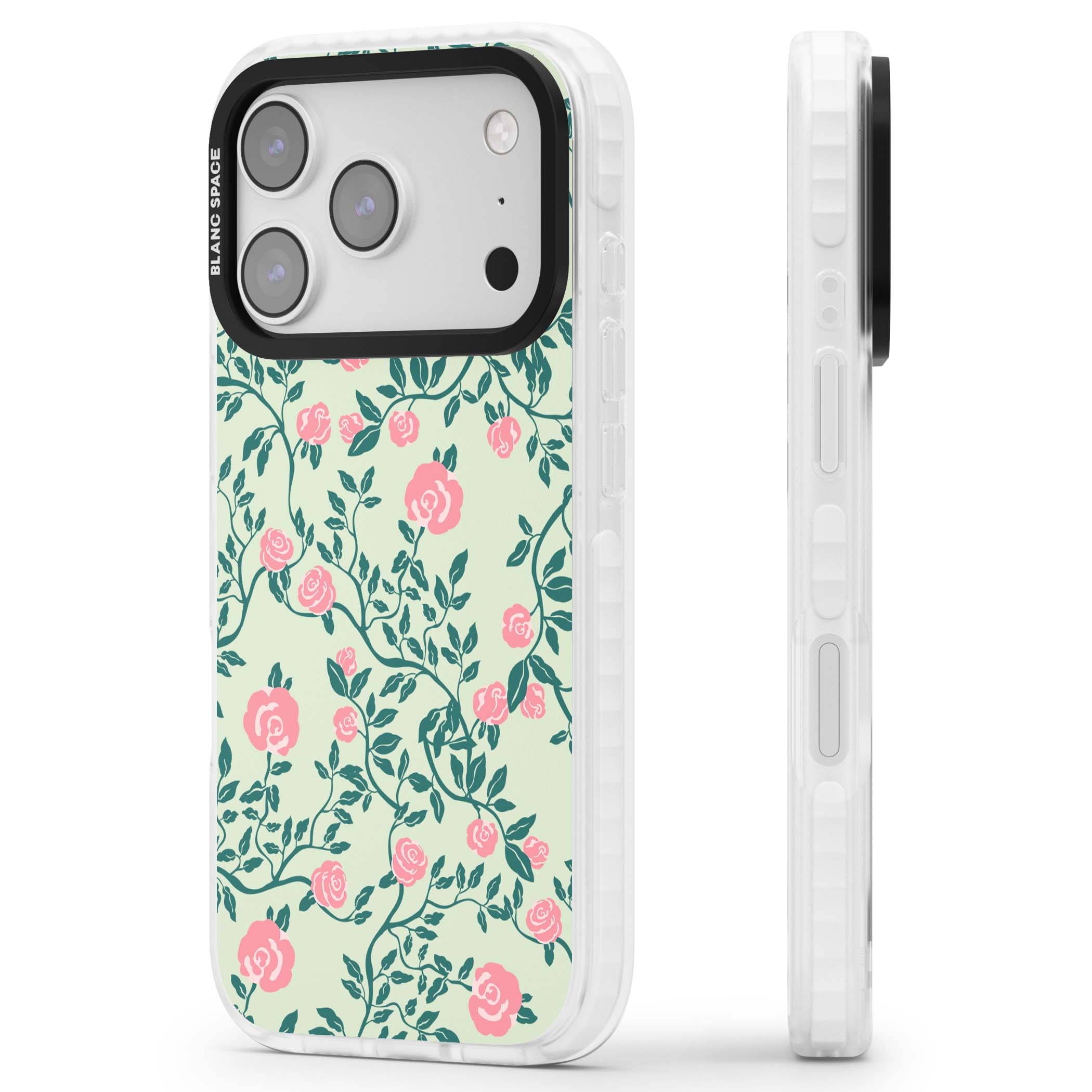 Rose Trellis cottagecore iPhone case featuring pink roses, sage green vines, and mint background | Impact Magsafe case for iPhone 17 Pro, iPhone 17 Pro Max