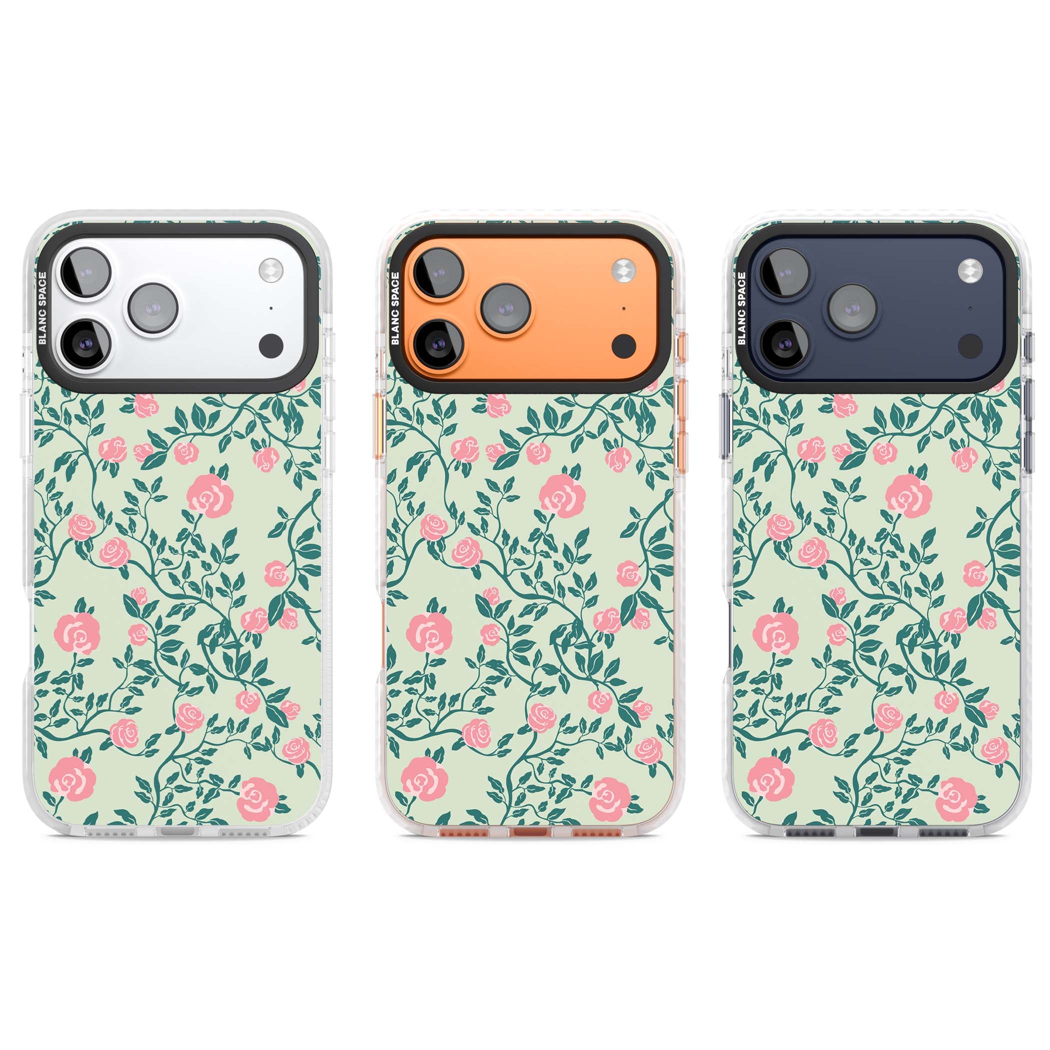 Rose Trellis cottagecore iPhone case featuring pink roses, sage green vines, and mint background | Impact Magsafe case for iPhone 17 Pro, iPhone 17 Pro Max