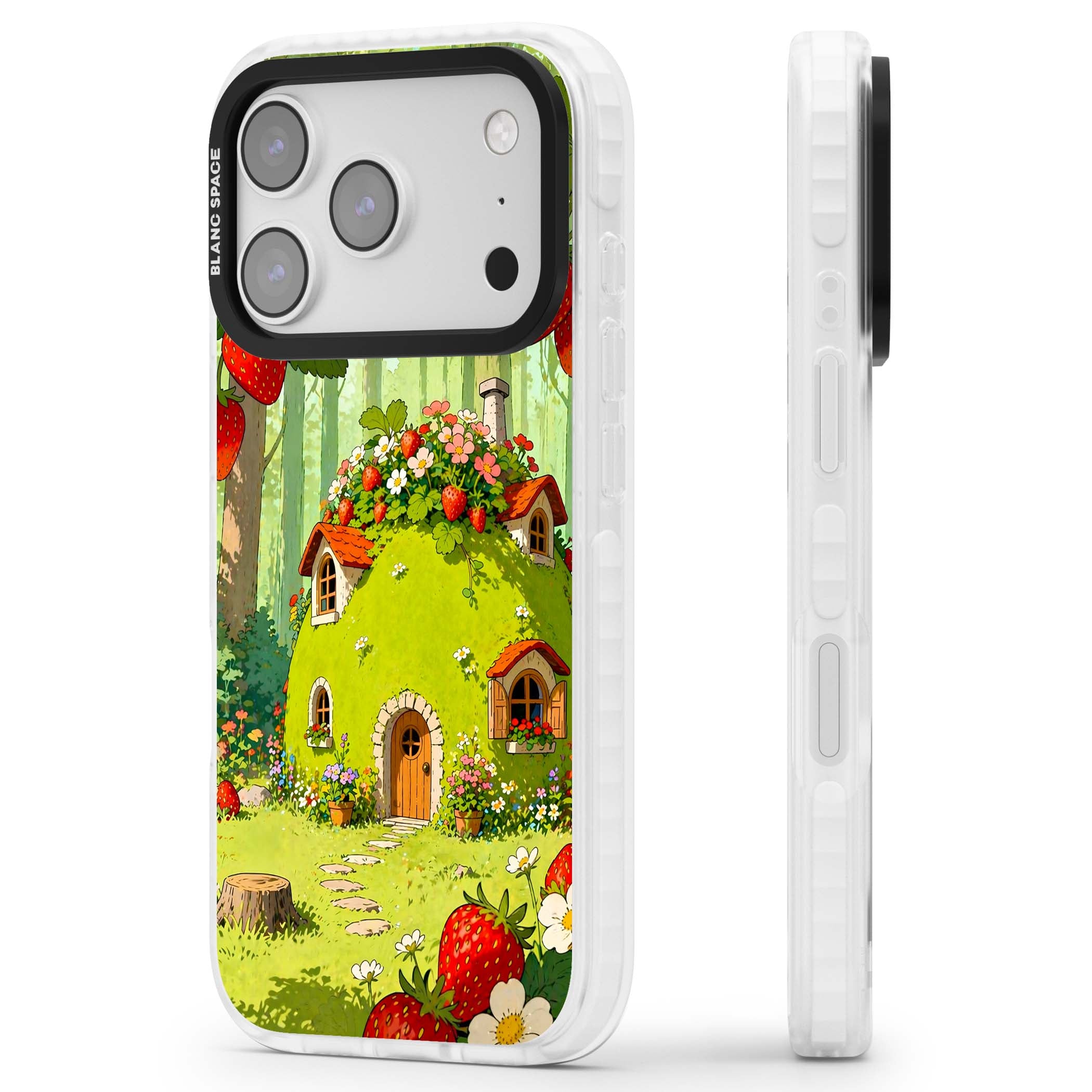Strawberry Cottage cottagecore iPhone case featuring a green fairy house, wild strawberries and enchanted forest flowers | Impact Magsafe case for iPhone 17 Pro, iPhone 17 Pro Max