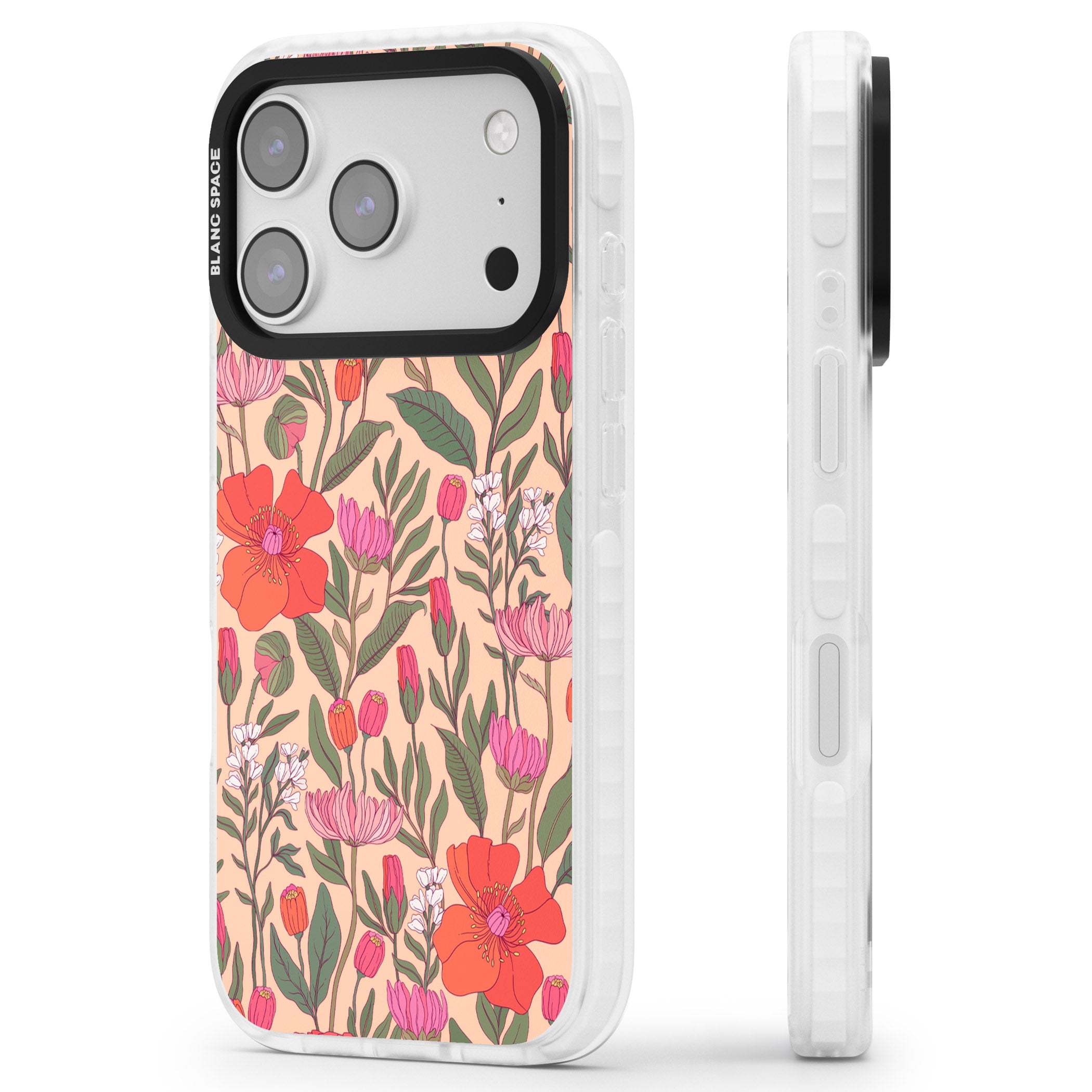 Peachy Floral Background iPhone 17 Pro Max Impact Pro Clear Phone Case Side Profile