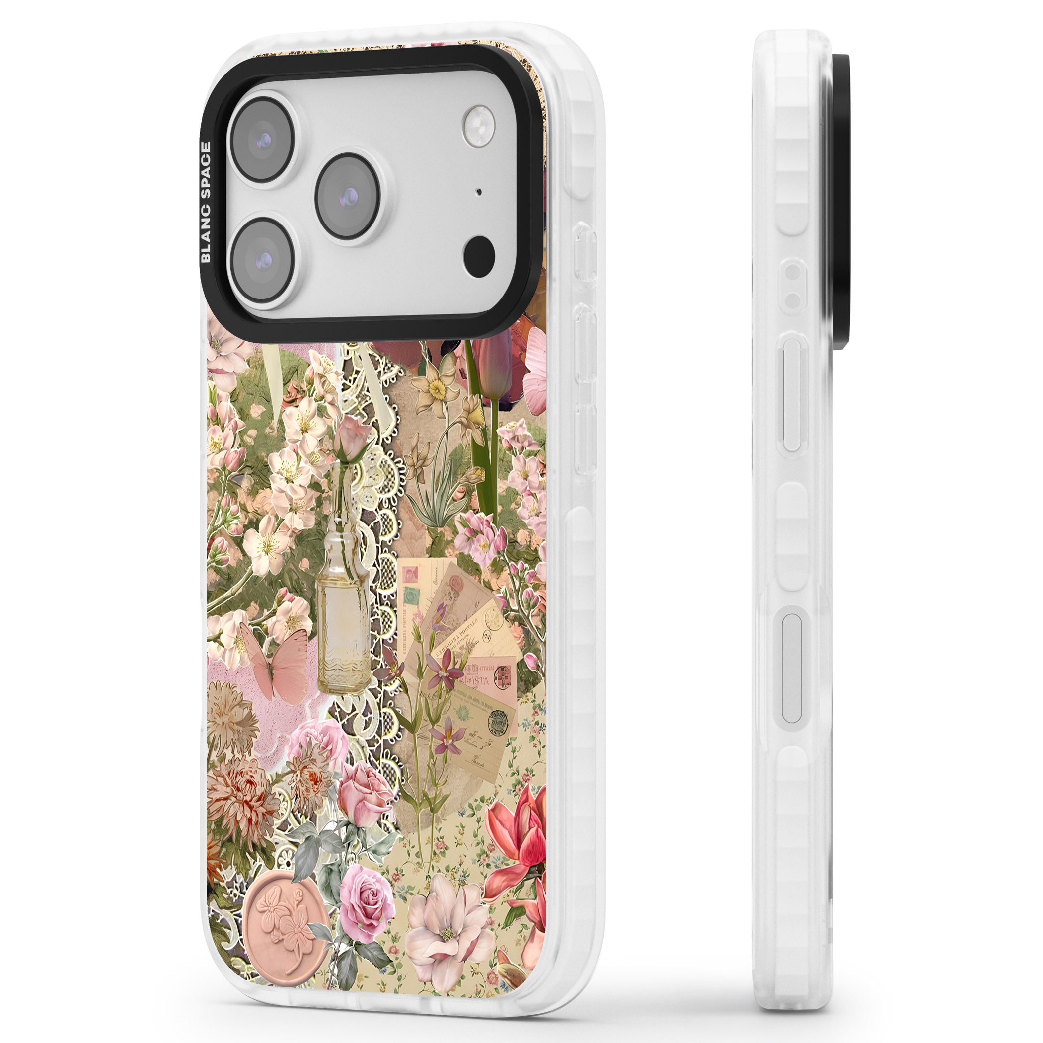 Soft Pink Flower Collage iPhone 17 Pro Max Impact Pro Clear Phone Case Side Profile