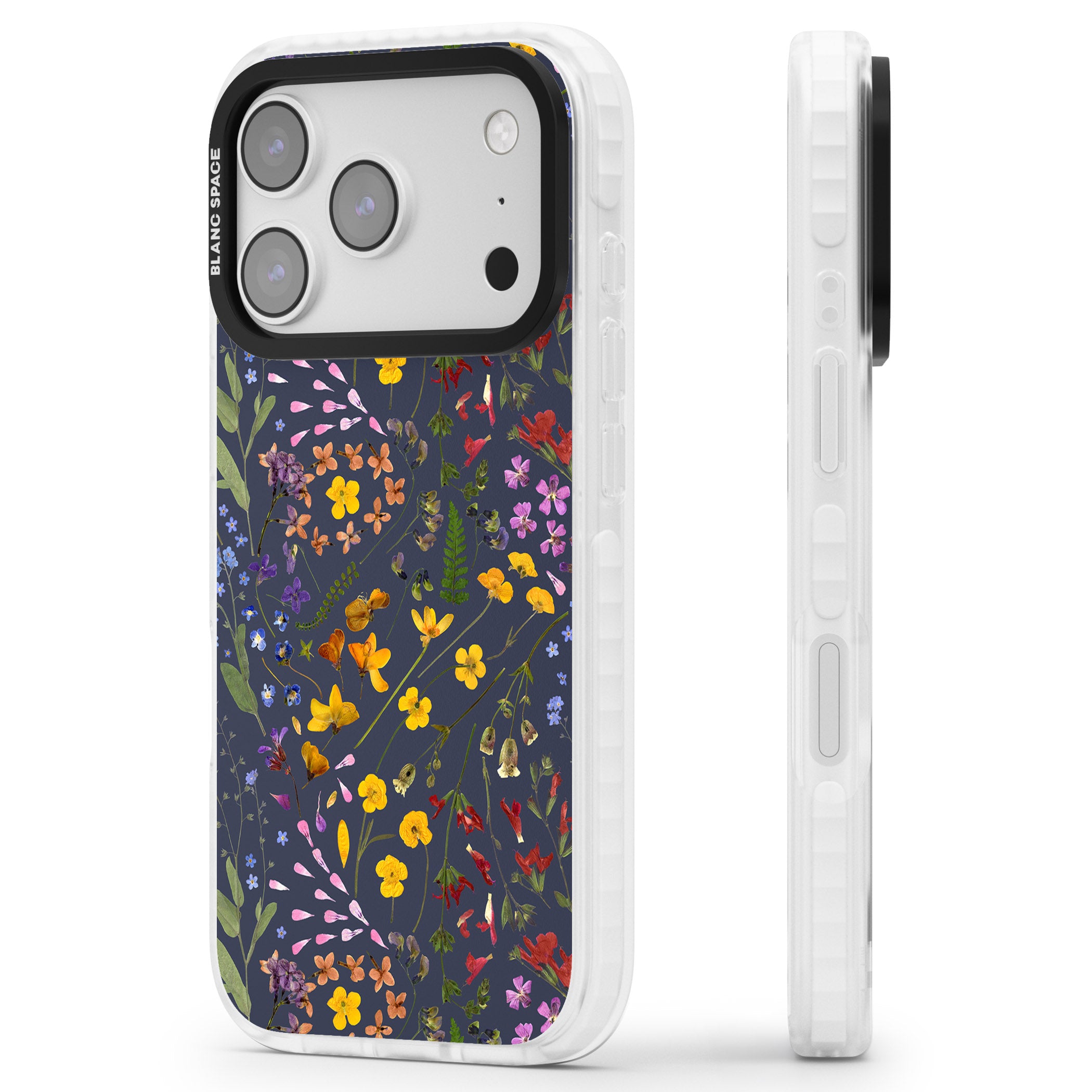 Wildflower Leaves Cluster Navy iPhone 17 Pro Max Impact Pro Clear Phone Case Side Profile