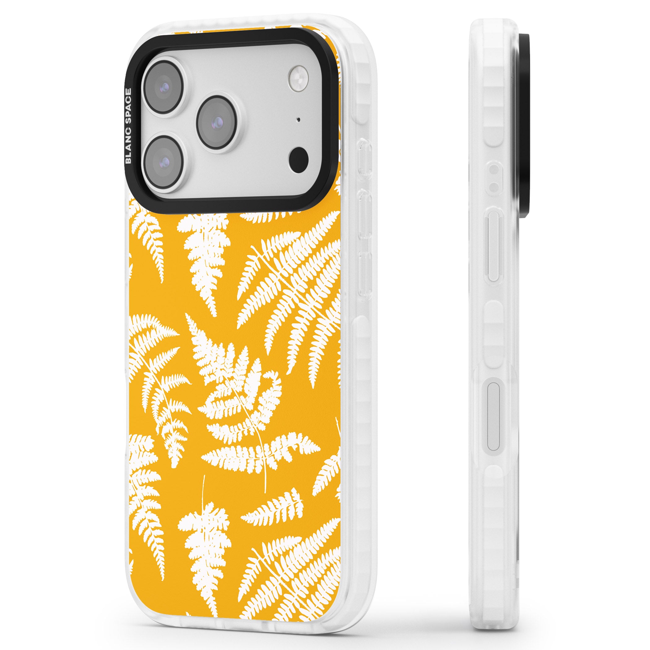Fern Pattern On Yellow iPhone 17 Pro Max Impact Pro Clear Phone Case Side Profile