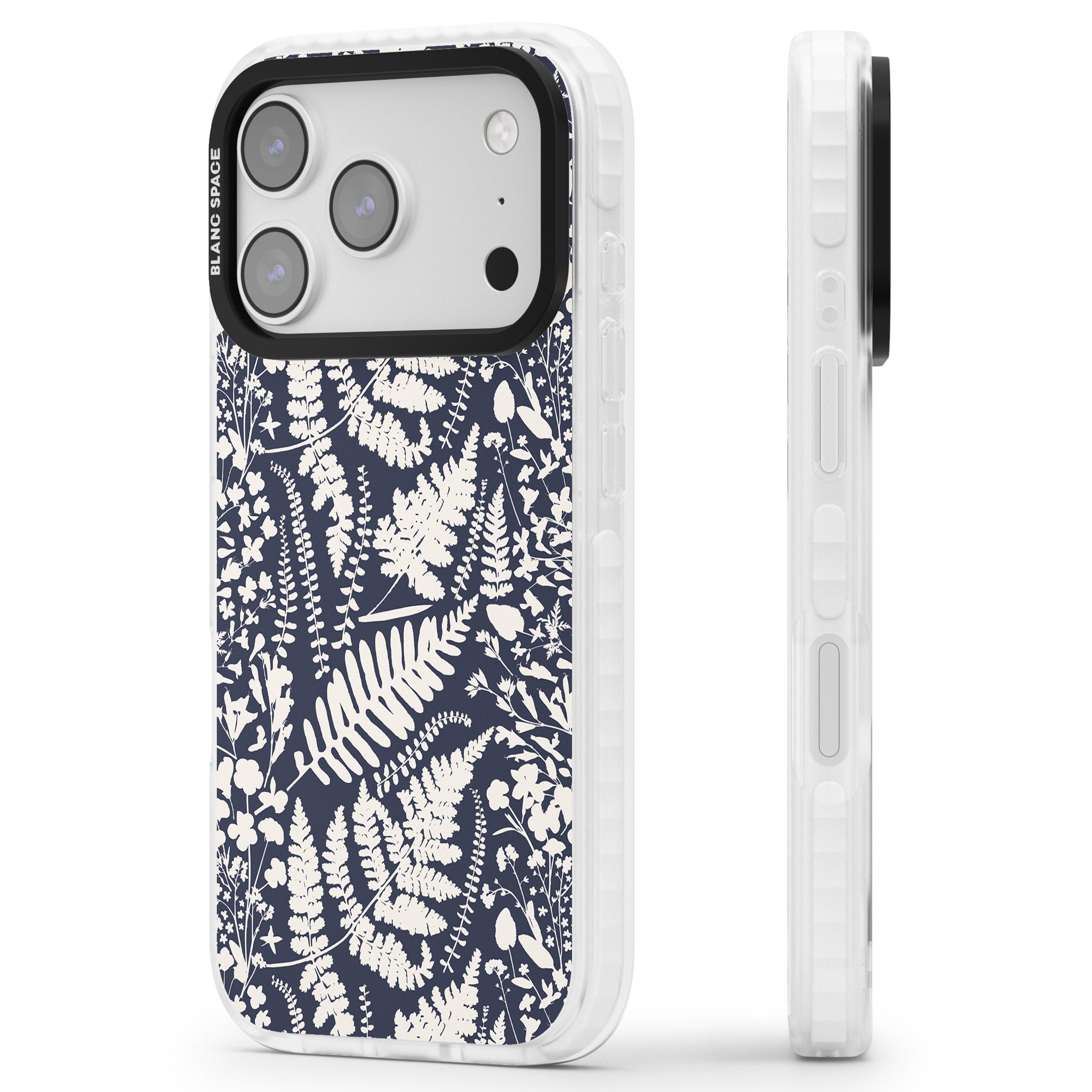 Wildflowers & Ferns On Navy iPhone 17 Pro Max Impact Pro Clear Phone Case Side Profile