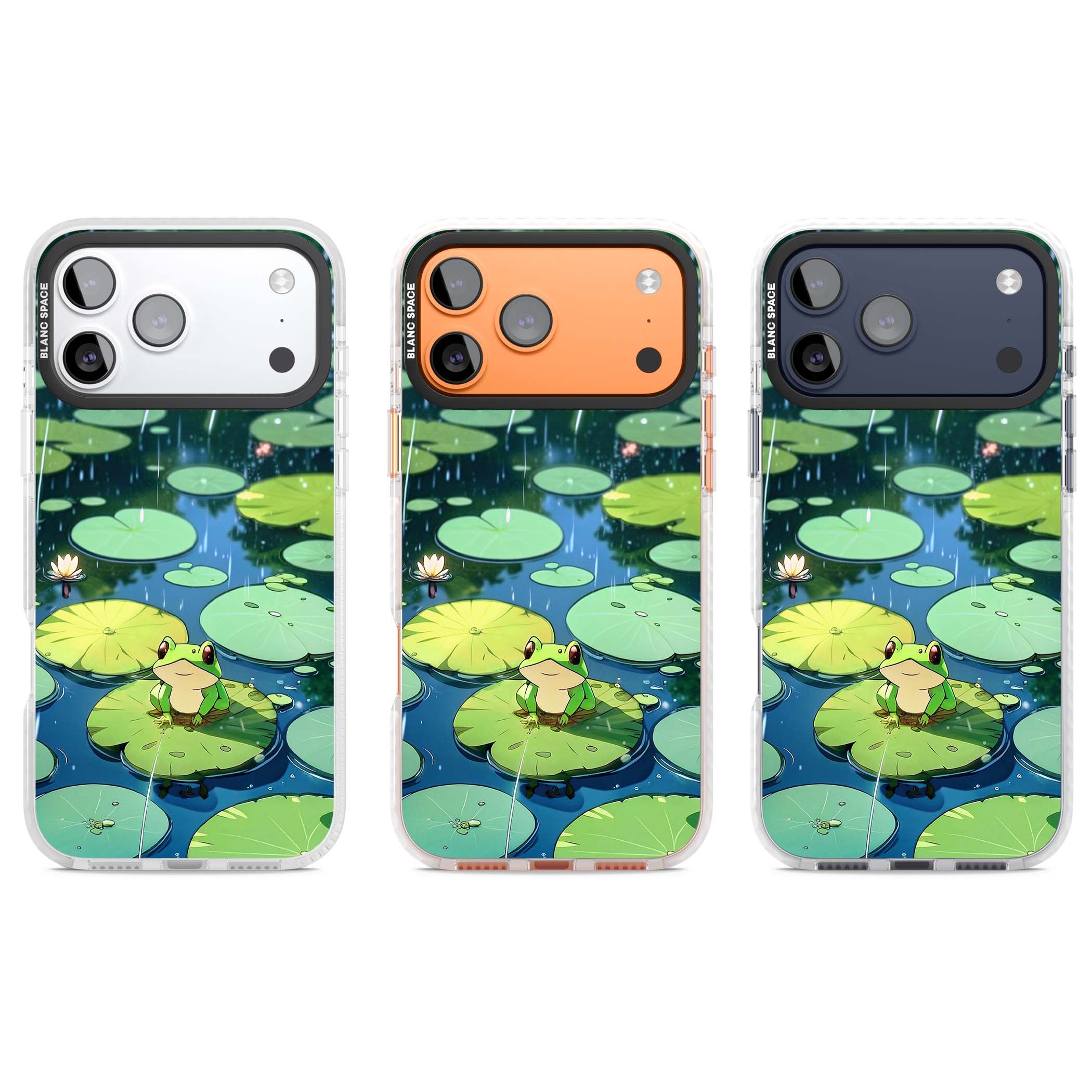 Frog In Lily Pond cottagecore iPhone case featuring a cute green frog on a lily pad with falling rain and a lotus flower | Impact Magsafe case for iPhone 17 Pro, iPhone 17 Pro Max