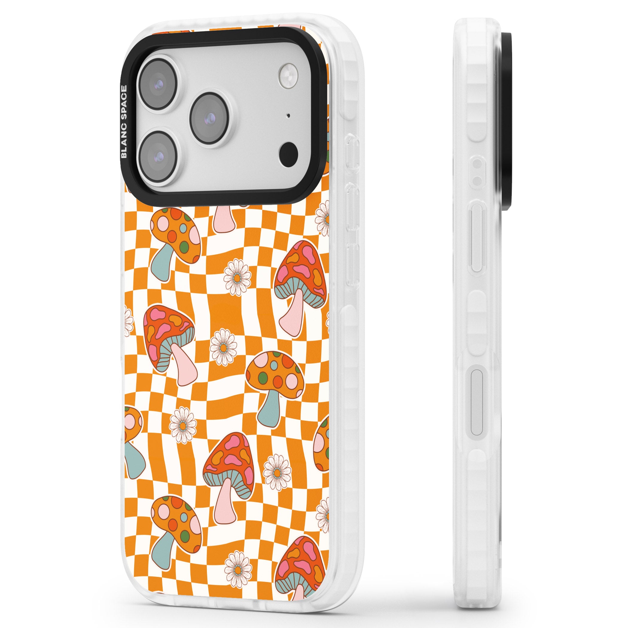 Wavy Checked Shrooms iPhone 17 Pro Max Impact Pro Clear Phone Case Side Profile