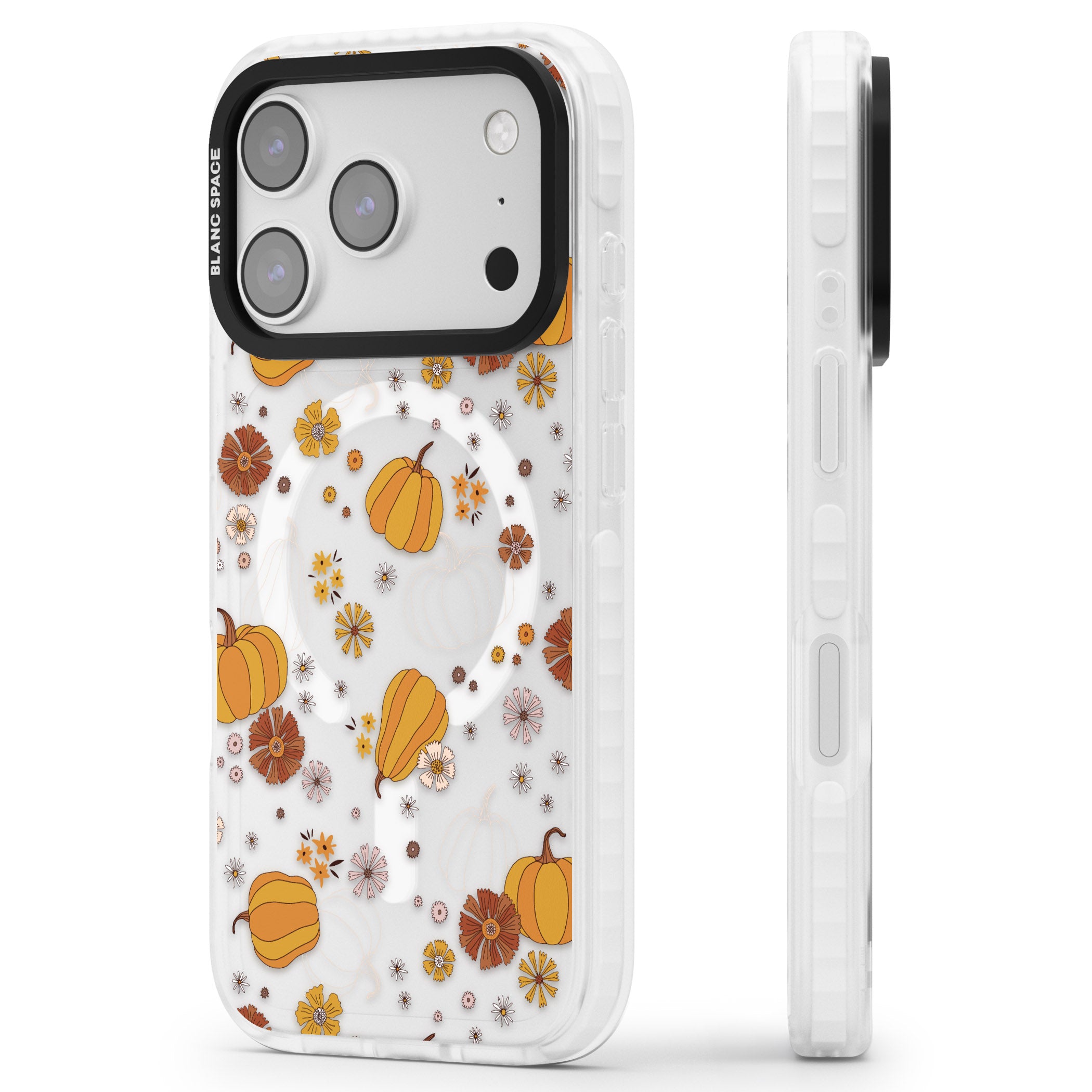 Halloween Pumpkins And Flowers iPhone 17 Pro Max Impact Pro Clear Phone Case Side Profile