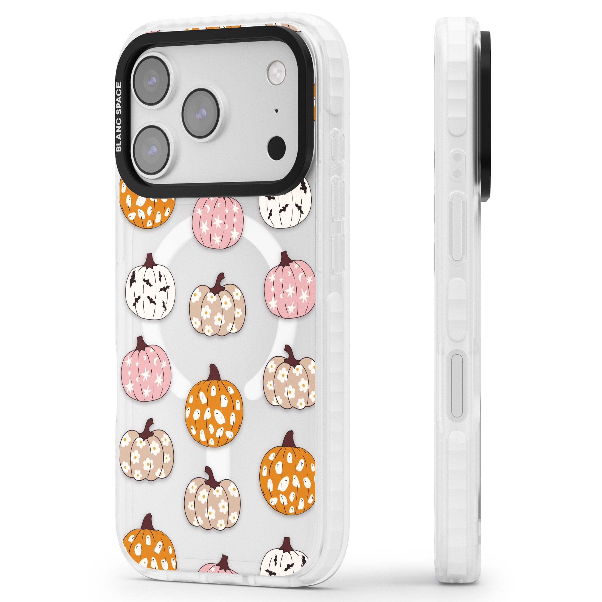 Floral Pumpkins iPhone 17 Pro Max Impact Pro Clear Phone Case Side Profile