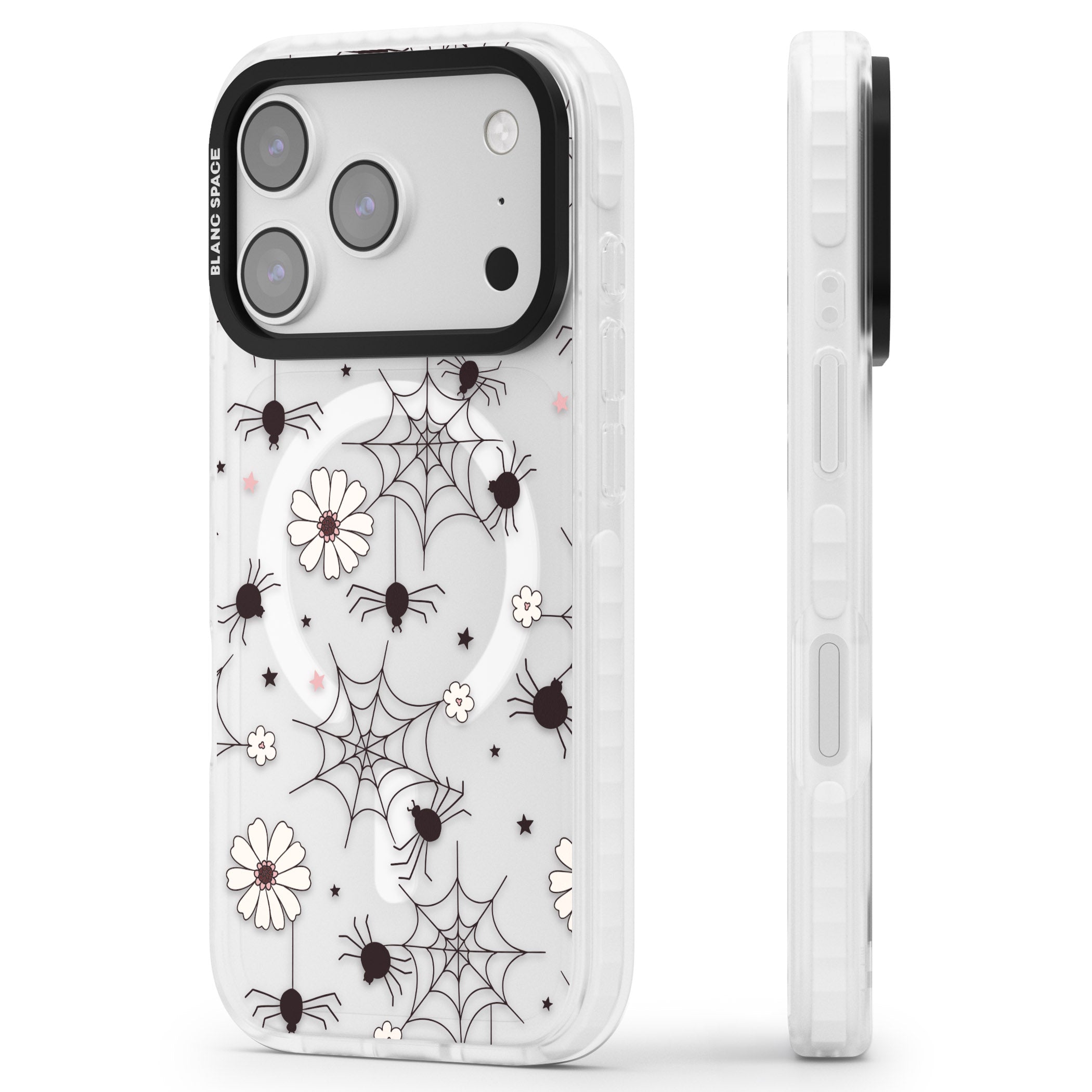 Spiders And Flowers Pattern iPhone 17 Pro Max Impact Pro Clear Phone Case Side Profile