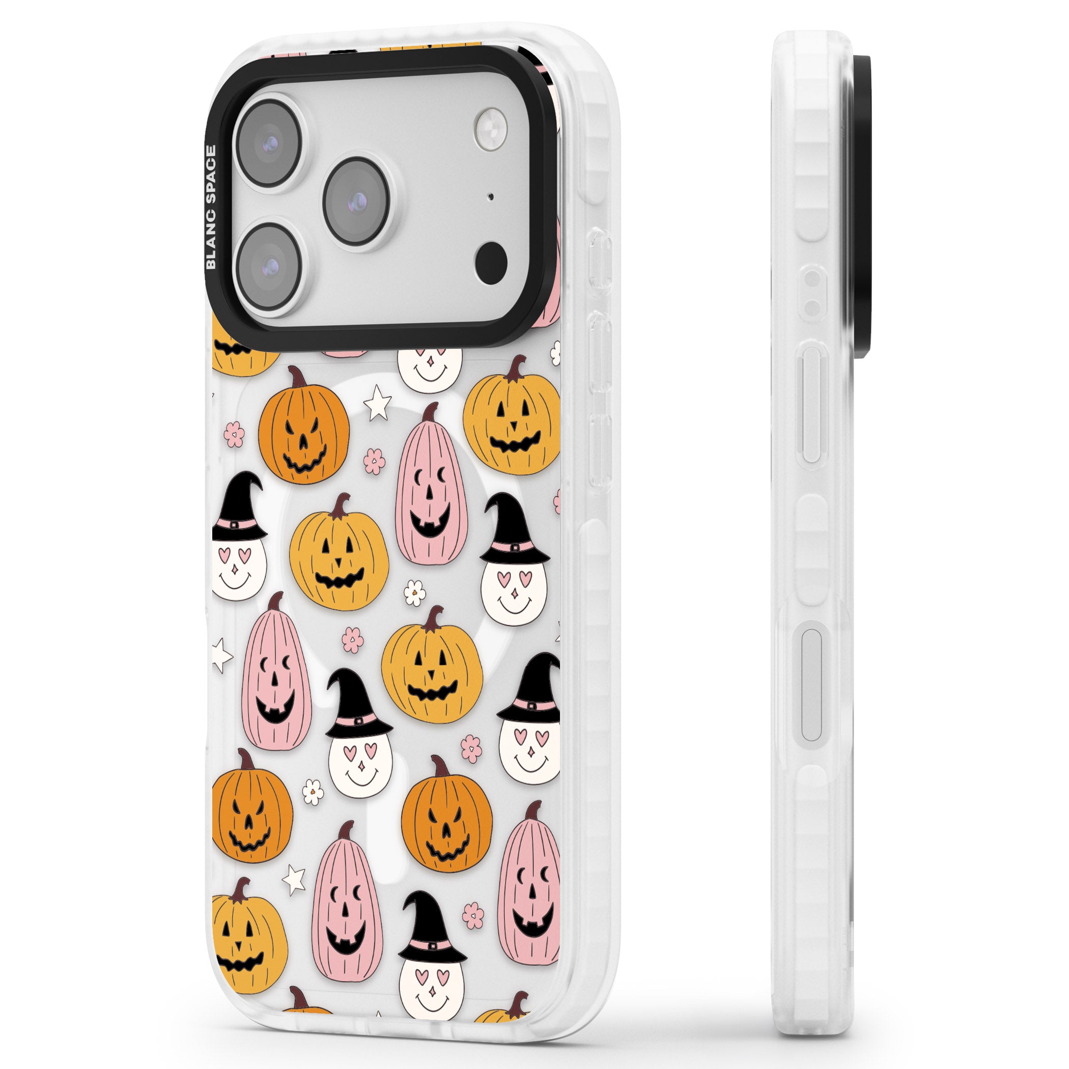 Witches And Pumpkins Pattern iPhone 17 Pro Max Impact Pro Clear Phone Case Side Profile
