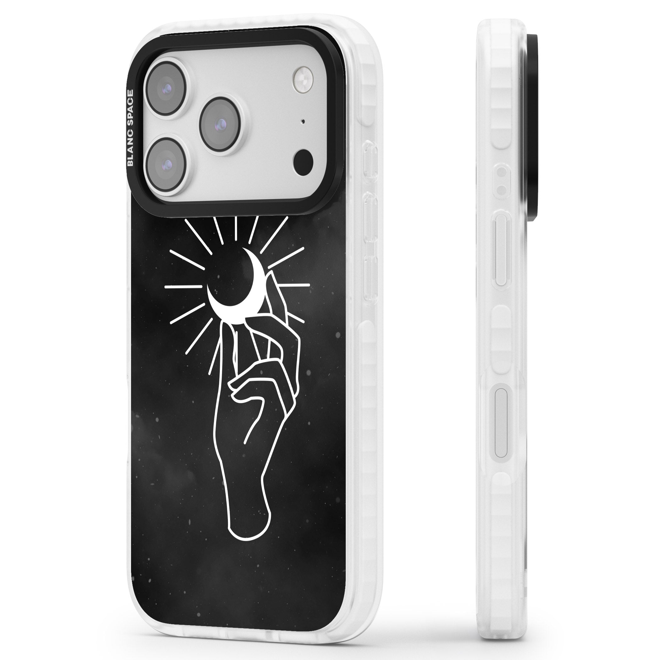 Hand Holding Celestial Moon iPhone 17 Pro Max Impact Pro Clear Phone Case Side Profile