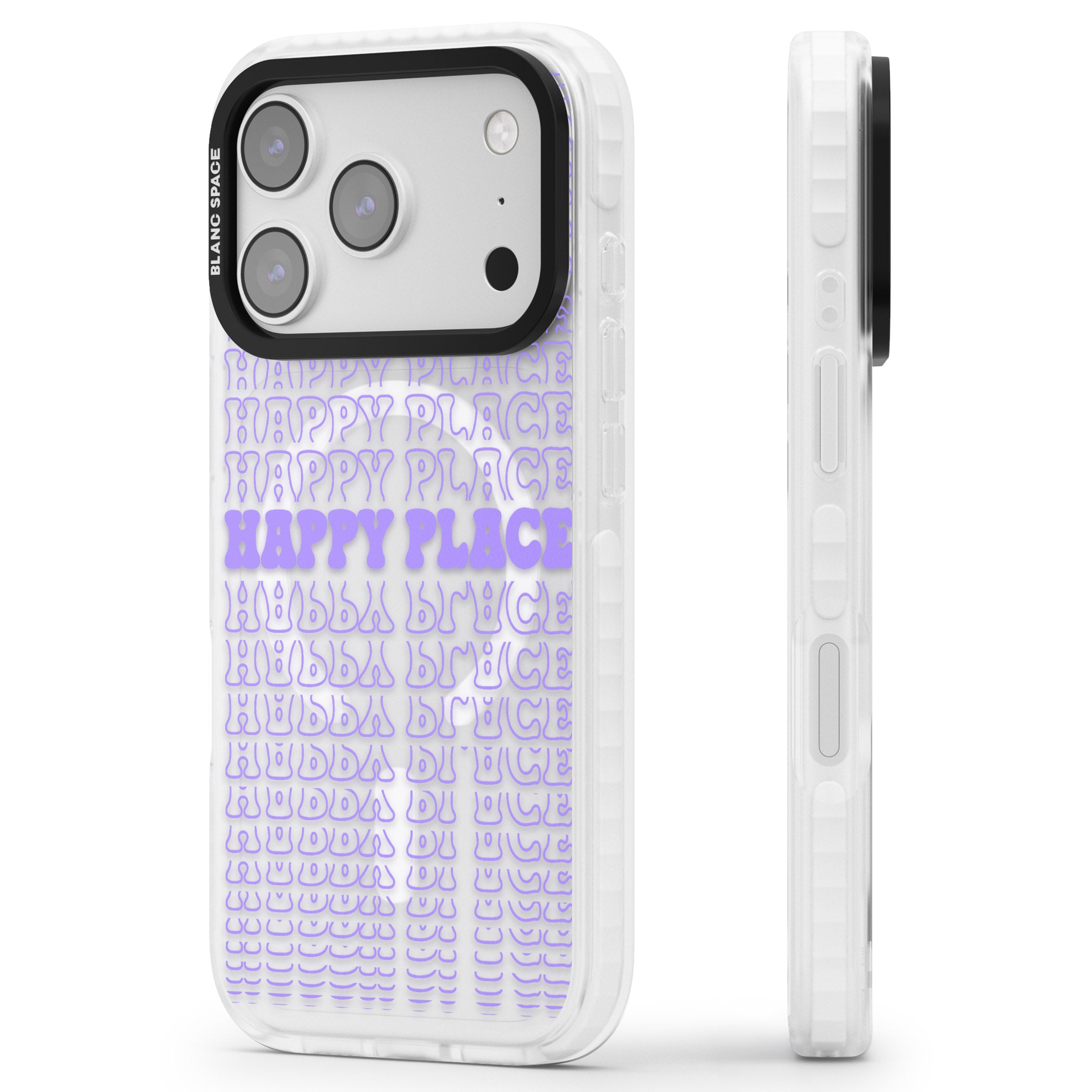 Happy Place (Purple) iPhone 17 Pro Max Impact Pro Clear Phone Case Side Profile