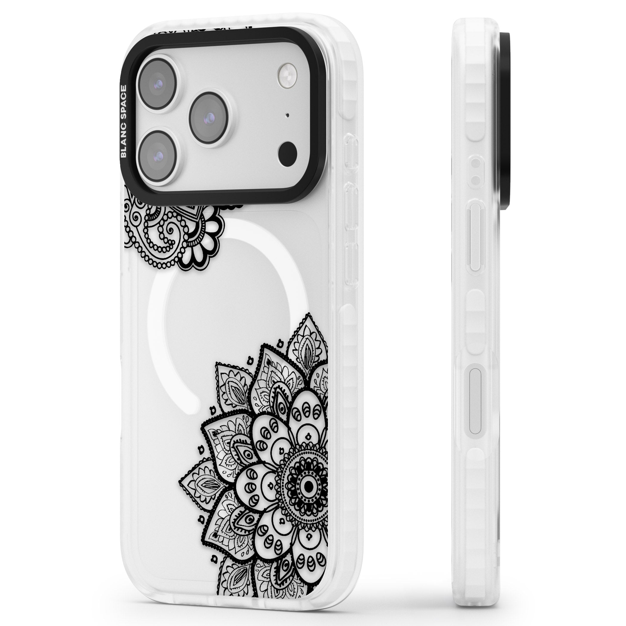 Black Henna Florals iPhone 17 Pro Max Impact Pro Clear Phone Case Side Profile