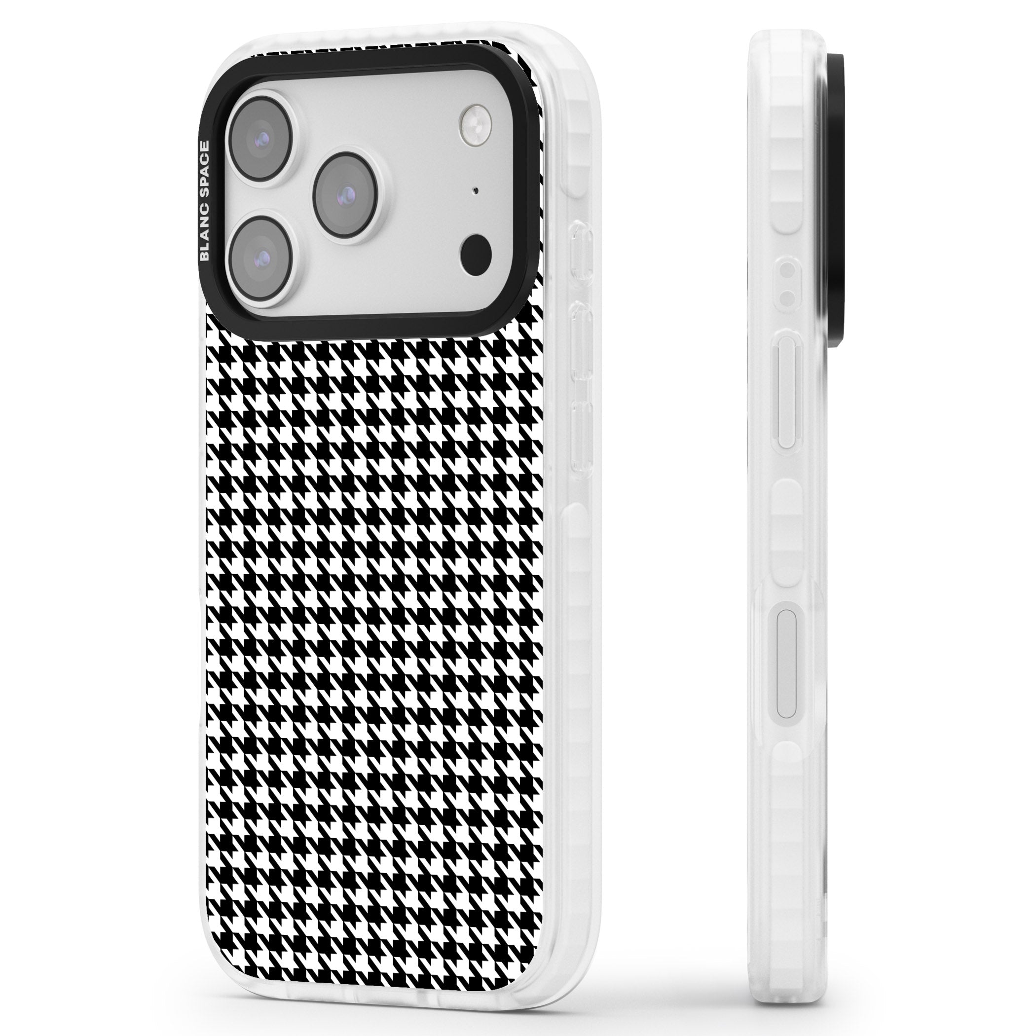 Black Houndstooth Pattern iPhone 17 Pro Max Impact Pro Clear Phone Case Side Profile