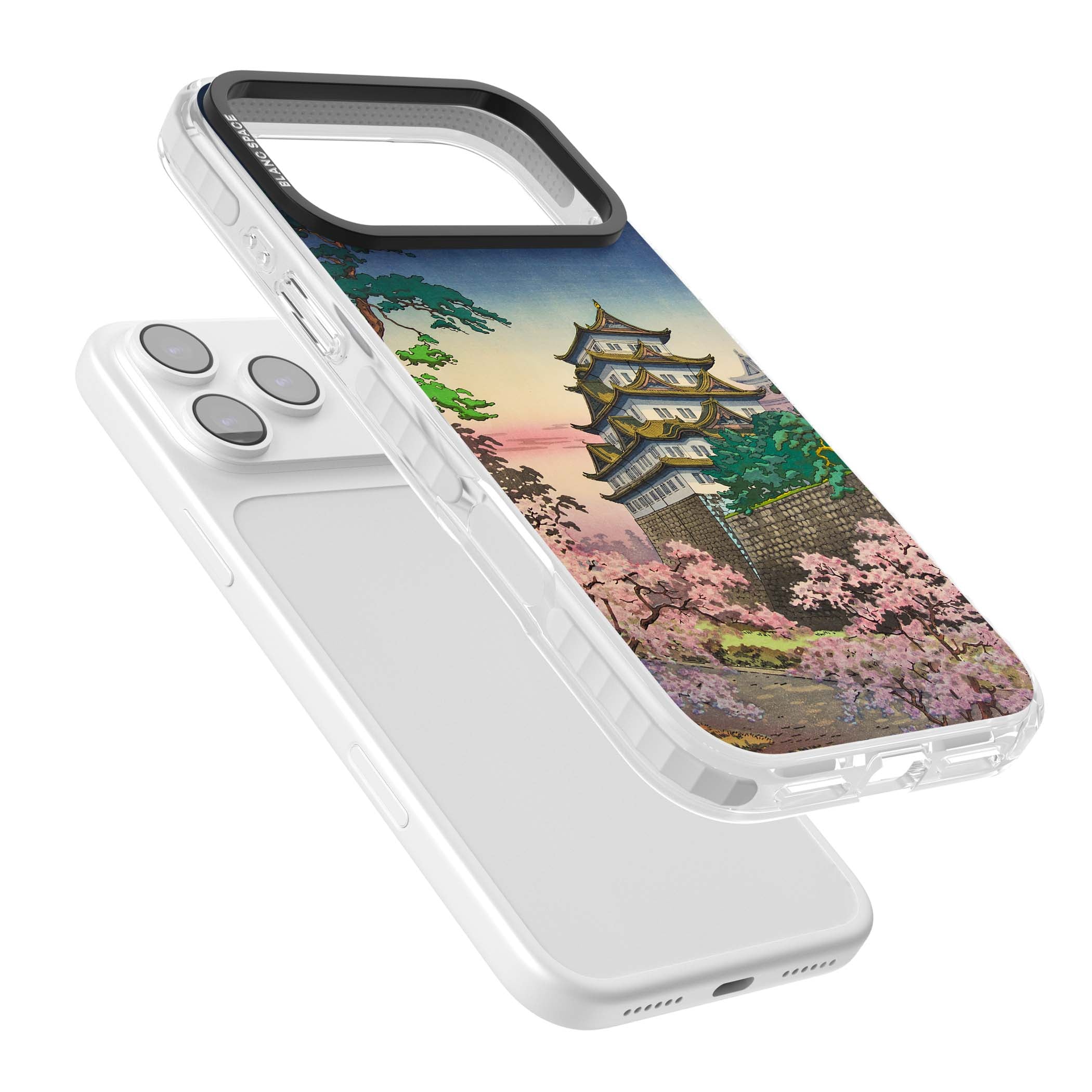 Nagoya Castle Japanese iPhone case featuring a vintage pagoda, twilight sky and cherry blossom trees | Impact Magsafe case for iPhone 17 Pro, iPhone 17 Pro Max