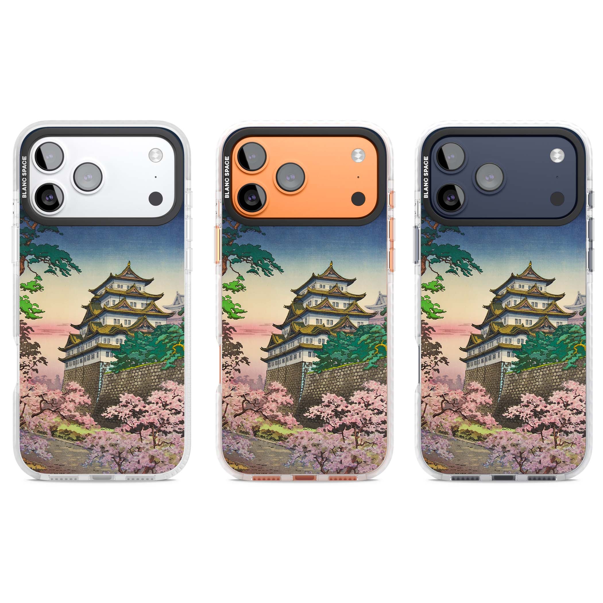 Nagoya Castle Japanese iPhone case featuring a vintage pagoda, twilight sky and cherry blossom trees | Impact Magsafe case for iPhone 17 Pro, iPhone 17 Pro Max