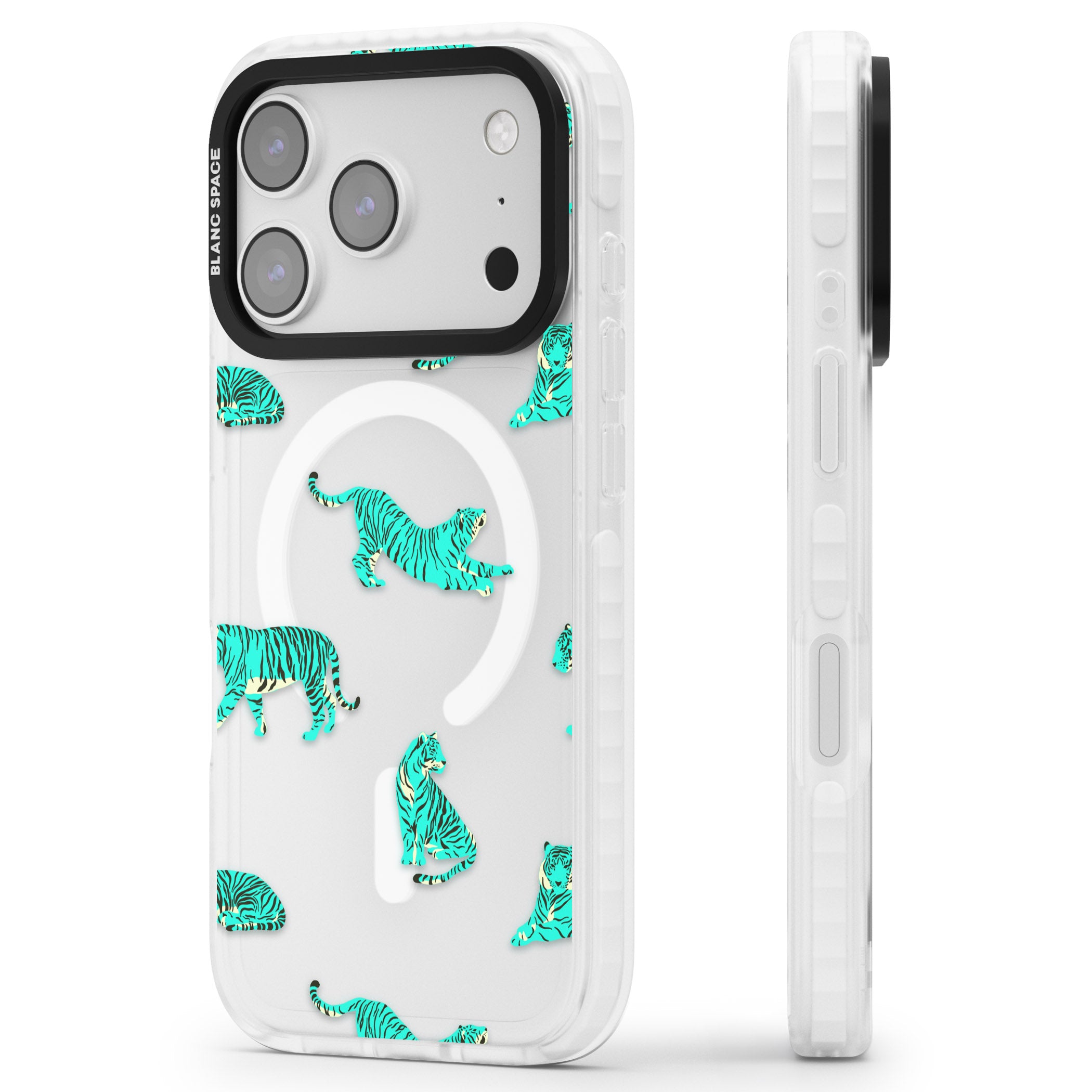 Turquoise Tiger iPhone 17 Pro Impact Pro Clear Phone Case Side Profile